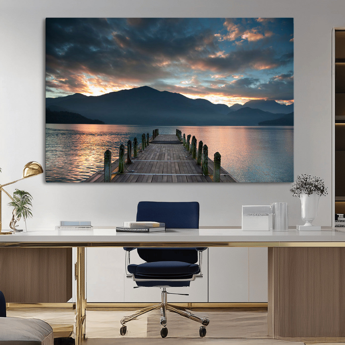 20442-MGV-CV-36X24-Lakeside Sunset Dock Wall Art – Peaceful Mountain Lake Canvas Print, Serene Nature Landscape Decor for Living Room, Bedroom or