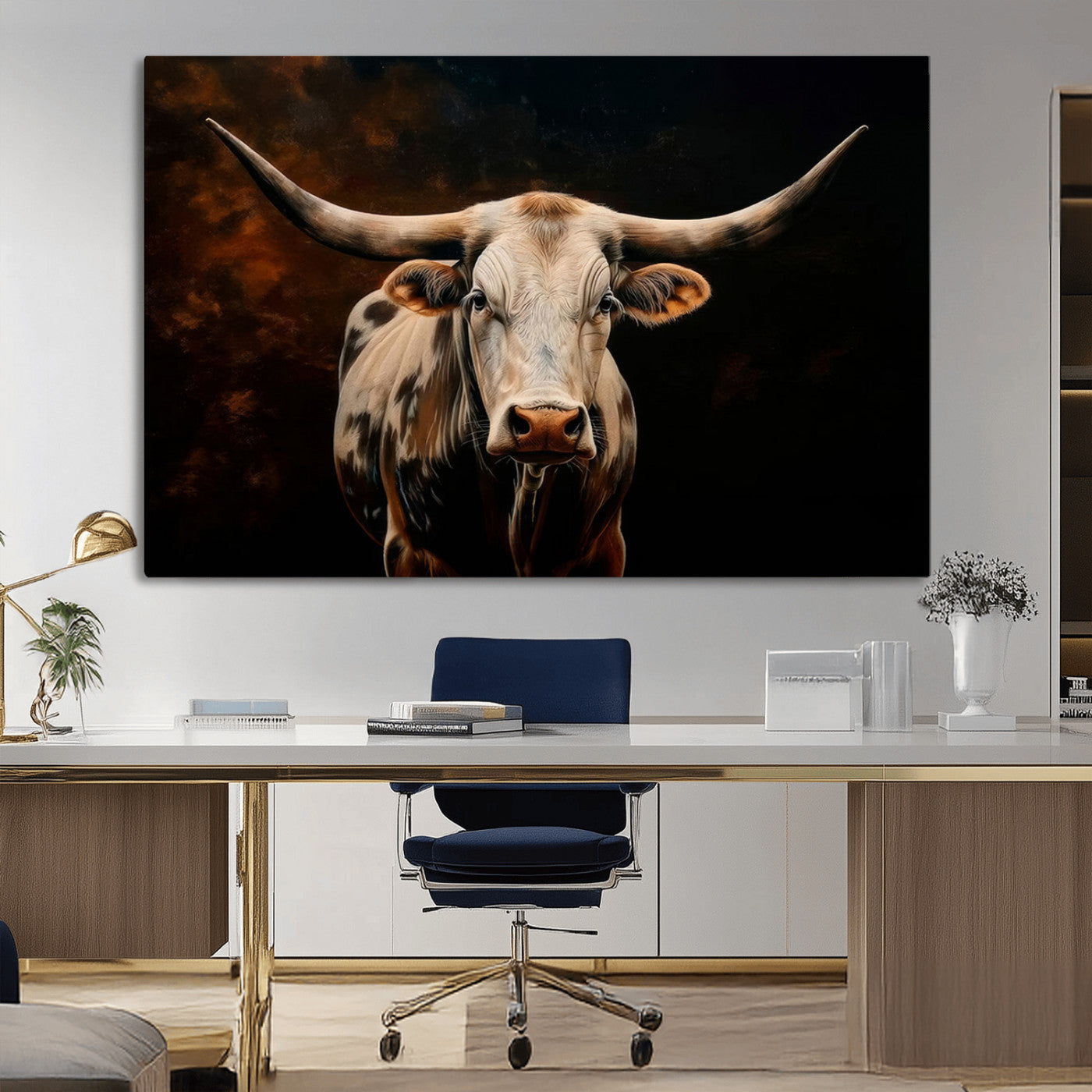 70522-MGV-CV-36X24-Longhorn Bull Wall Art – Striking Canvas Print of Majestic Bull, Premium Animal Decor for Home, Office, Man Cave, or Living Room