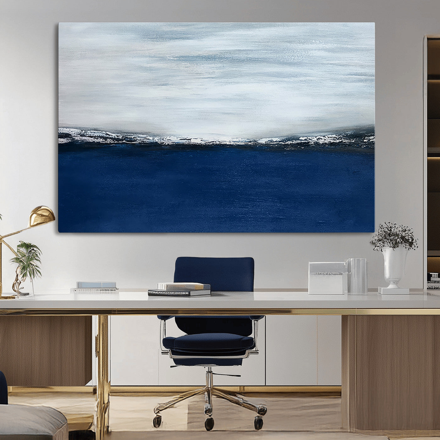 62197-MGV-CV-36X24-Abstract Ocean Wall Art – Minimalist Blue and White Canvas Print, Modern Coastal Seascape Painting for Bedroom, Living Room or