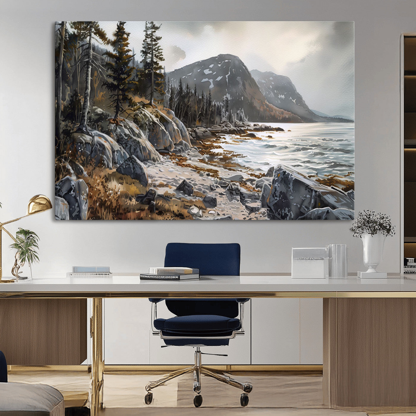 41281-MGV-CV-36X24-Rocky Shoreline Wall Art – Panoramic Mountain Coast and Forest Canvas Print, Rustic Nature Landscape Decor for Cabin, Lodge, or