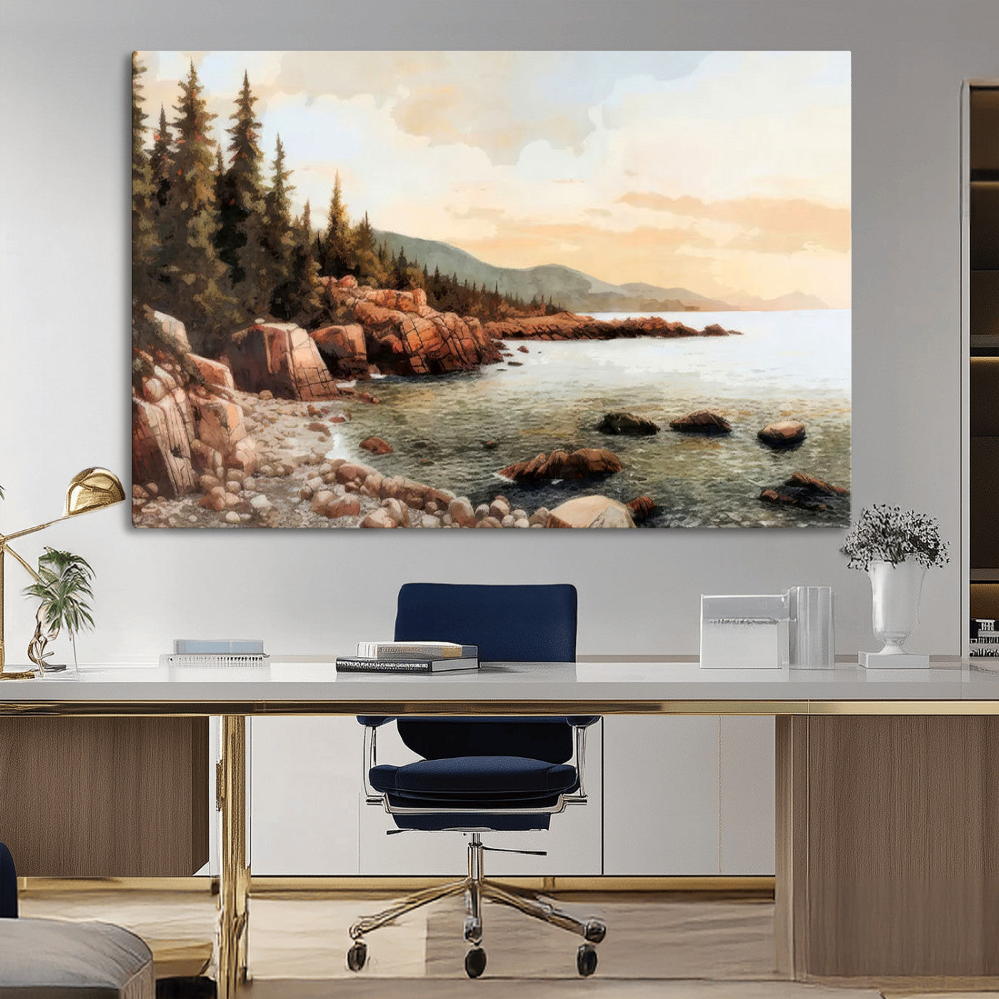 77145-MGV-CV-36X24-Coastal Landscape Wall Art – Panoramic Rocky Shoreline and Pine Trees Canvas Print, Rustic Nature Decor for Cabin, Lodge, Office,