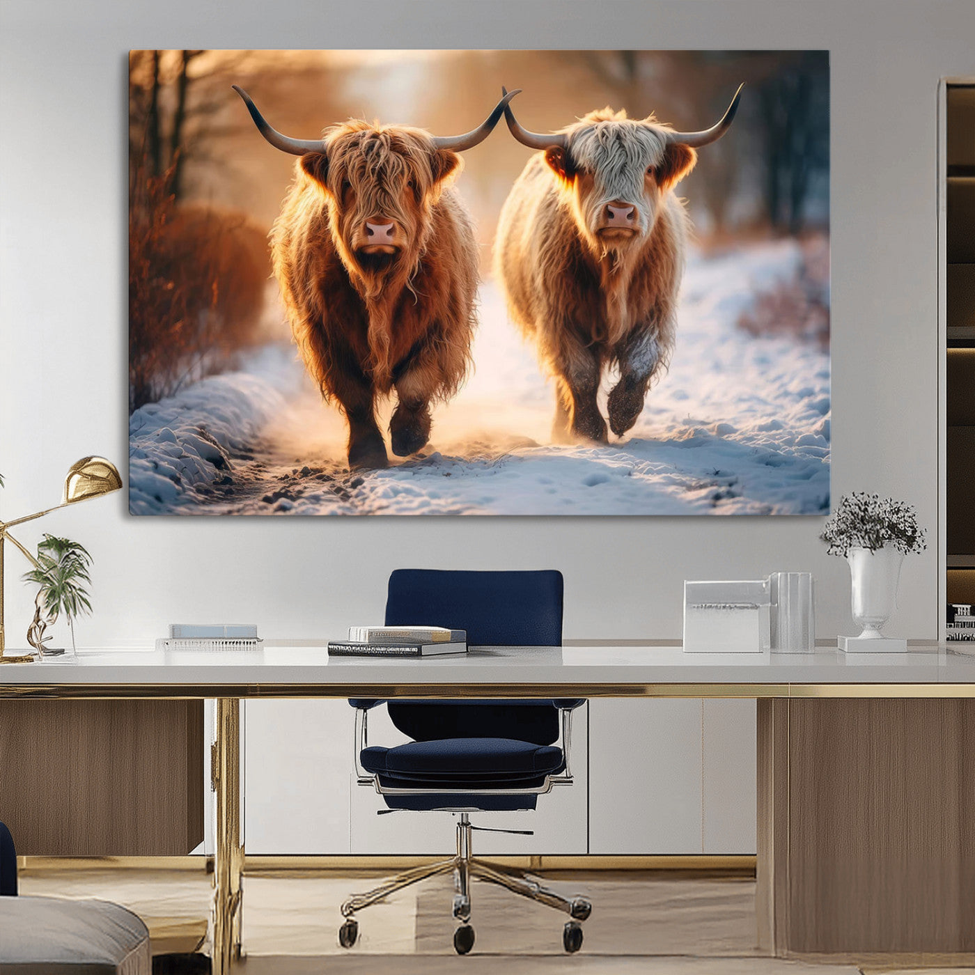 94810-MGV-CV-36X24-Highland Cow Wall Art – Rustic Canvas Print Two Cattle Snow Path Sunset, Farmhouse Country Decor for Living Room, Bedroom, Office,
