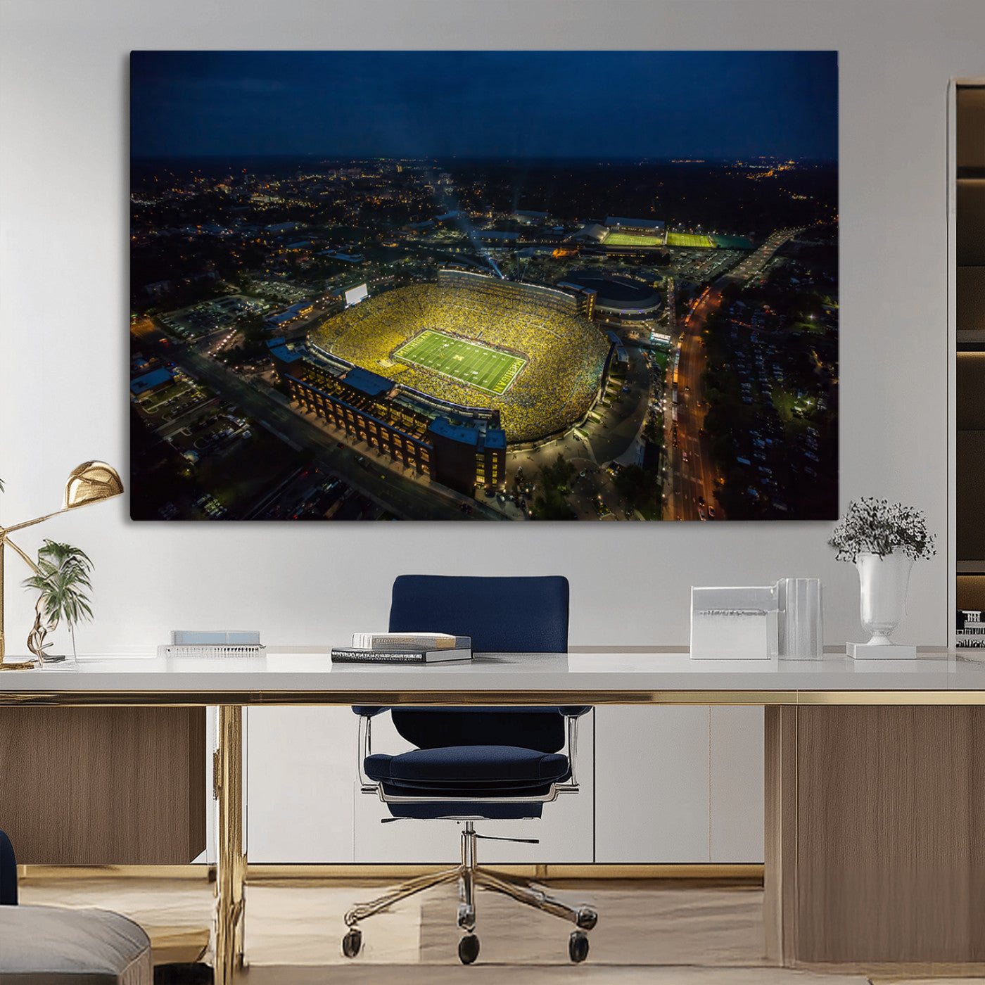 33588-MGV-CV-36X24-Football Stadium Wall Art – Aerial Night Game Canvas Print Packed Field City Lights, Sports Photography Decor for Game Room, Man