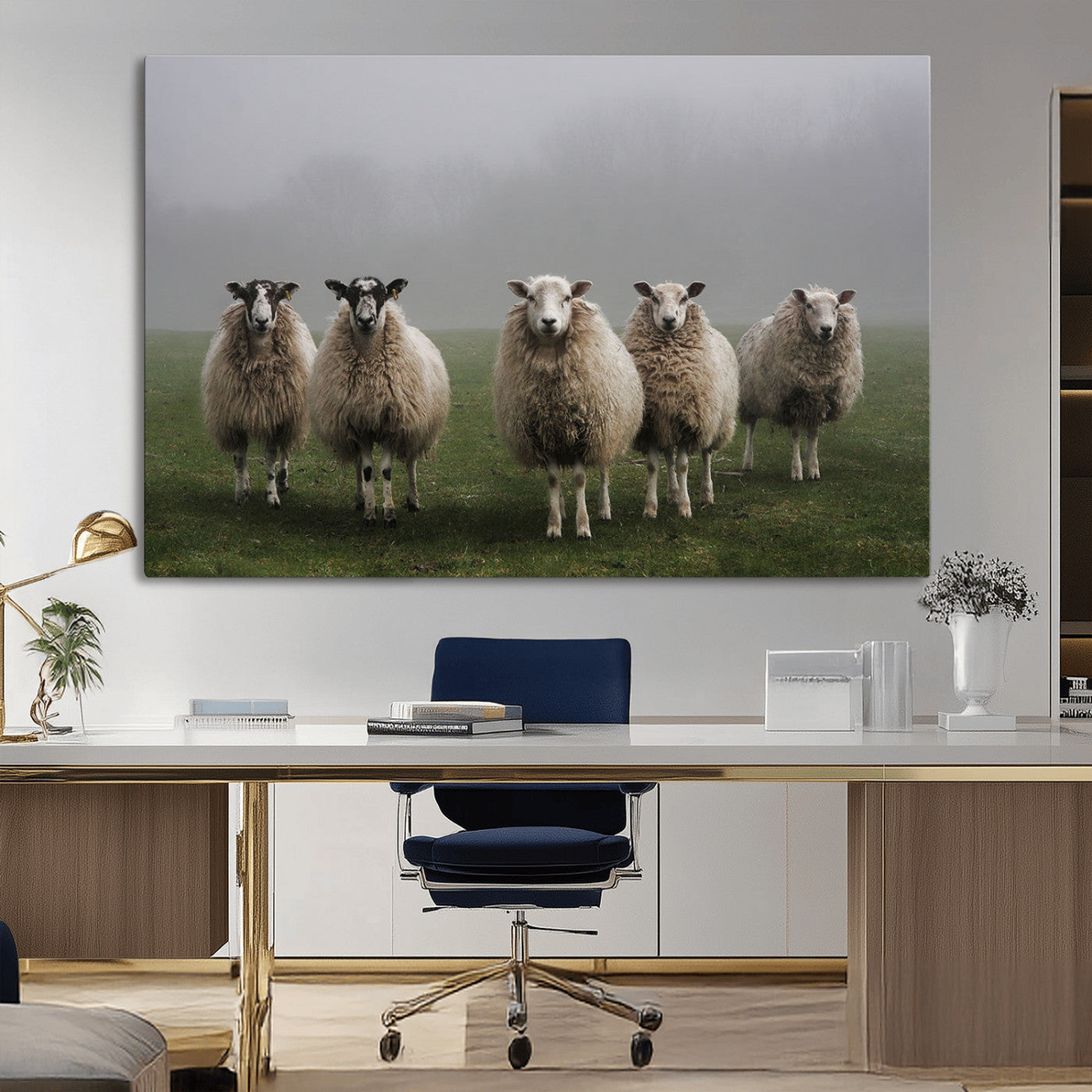 87339-MGV-CV-36X24-Sheep Wall Art – Rustic Farmhouse Canvas Print Flock Standing Misty Field Countryside Photography, Country Animal Decor for Living