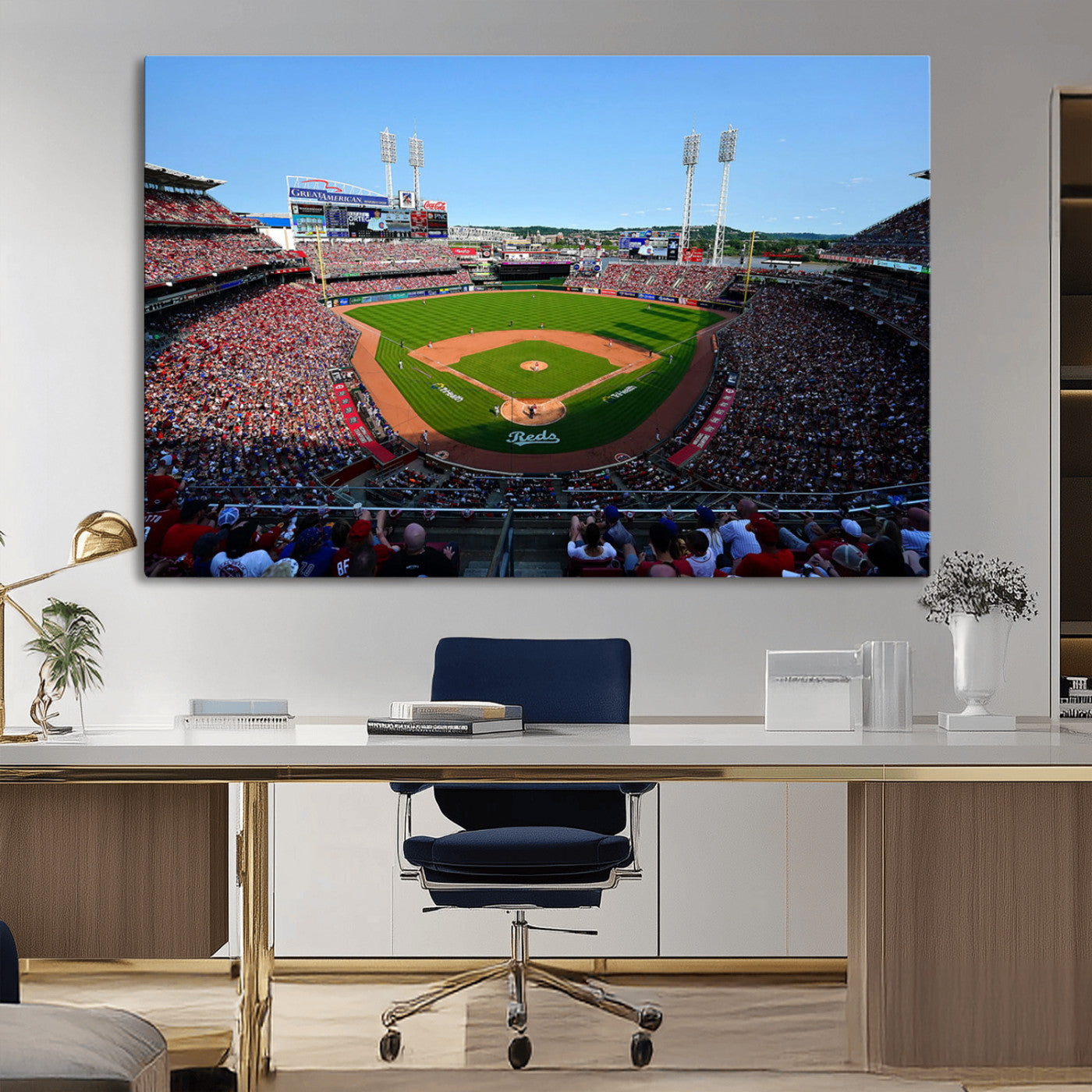 90998-MGV-CV-36X24-Baseball Stadium Wall Art – Canvas Print Day Game Field Packed Crowd Bright Blue Sky Sports Photography, Classic Decor for Game