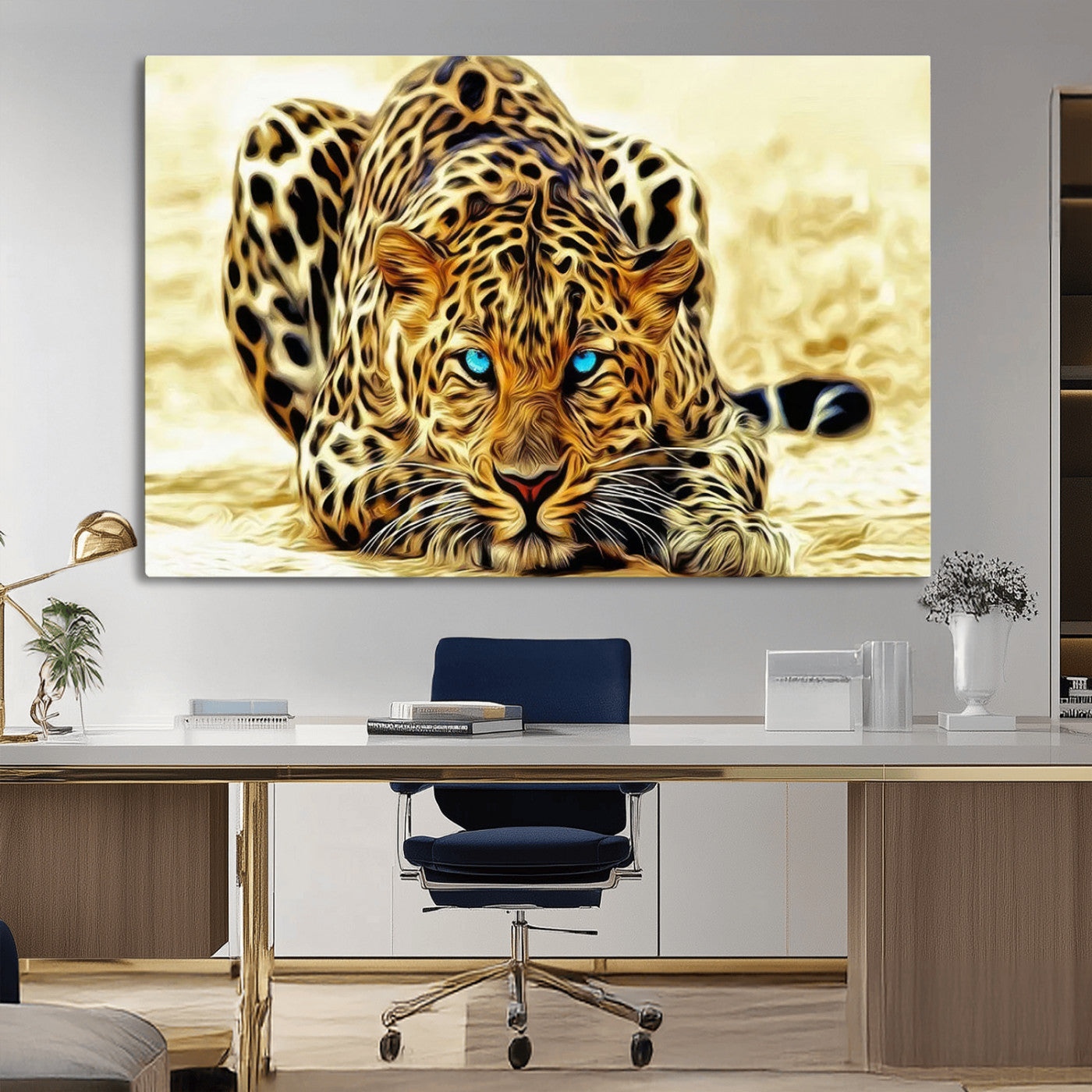 45281-MGV-CV-36X24-Blue Eye Leopard Wall Art Canvas Print, Framed Leopard Painting Art Picture Print, Big Cat Perfect Safari Wildlife Decor Artwork