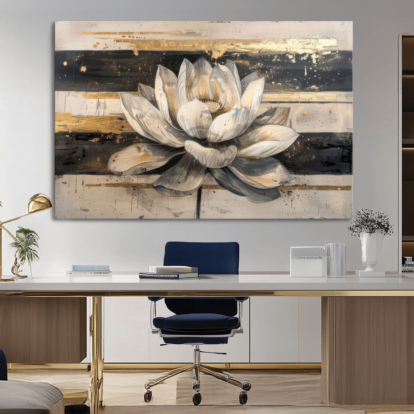 18807-MGV-CV-36X24-Lotus Flower Wall Art Canvas Print, Framed Abstract Lotus Art Picture Print, White Lotus Flower Perfect Abstract Floral Decor
