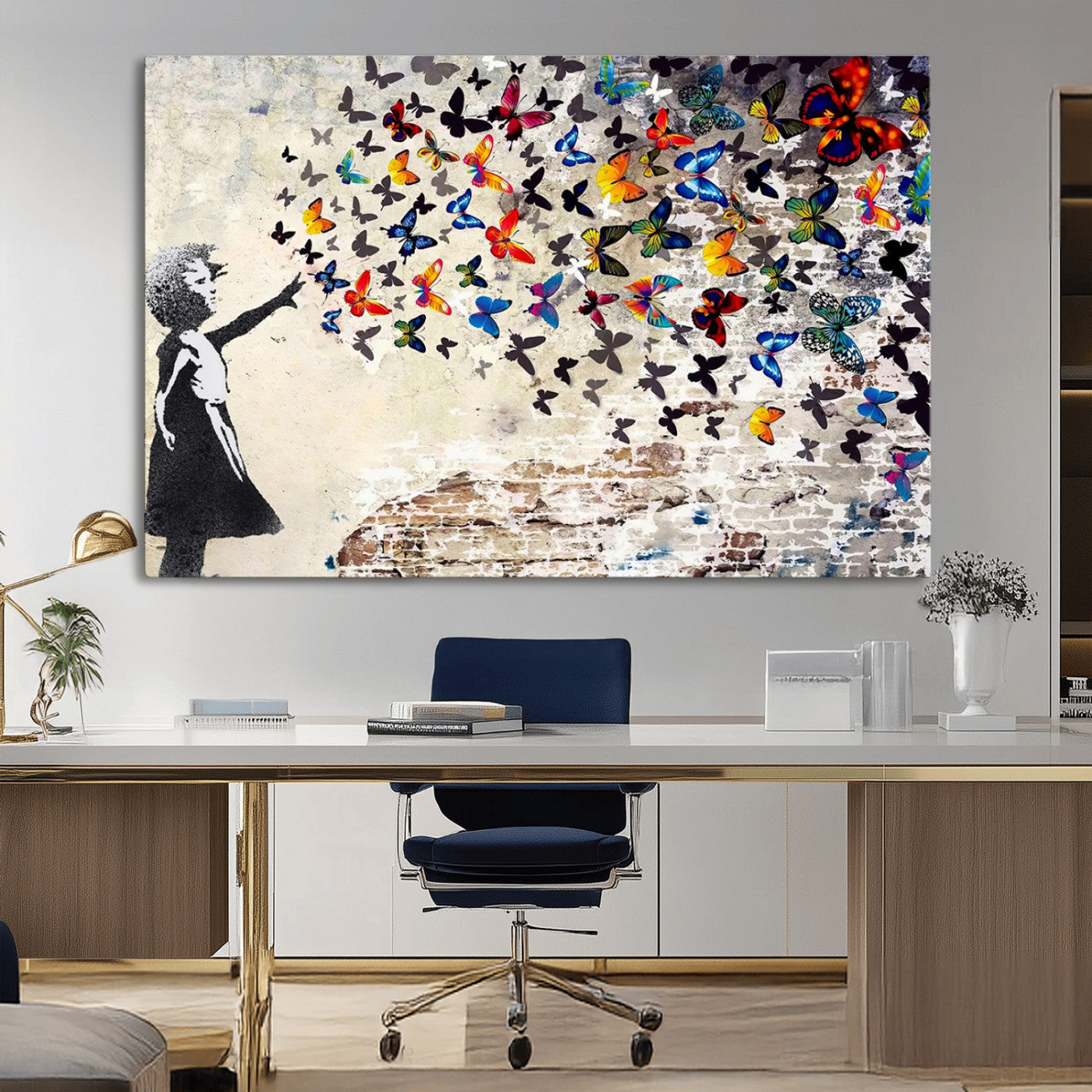 97895-MGV-CV-36X24-Girl with Butterflies Wall Art – Colorful Street Art Style Canvas Print, Modern Graffiti-Inspired Butterfly Artwork for Living