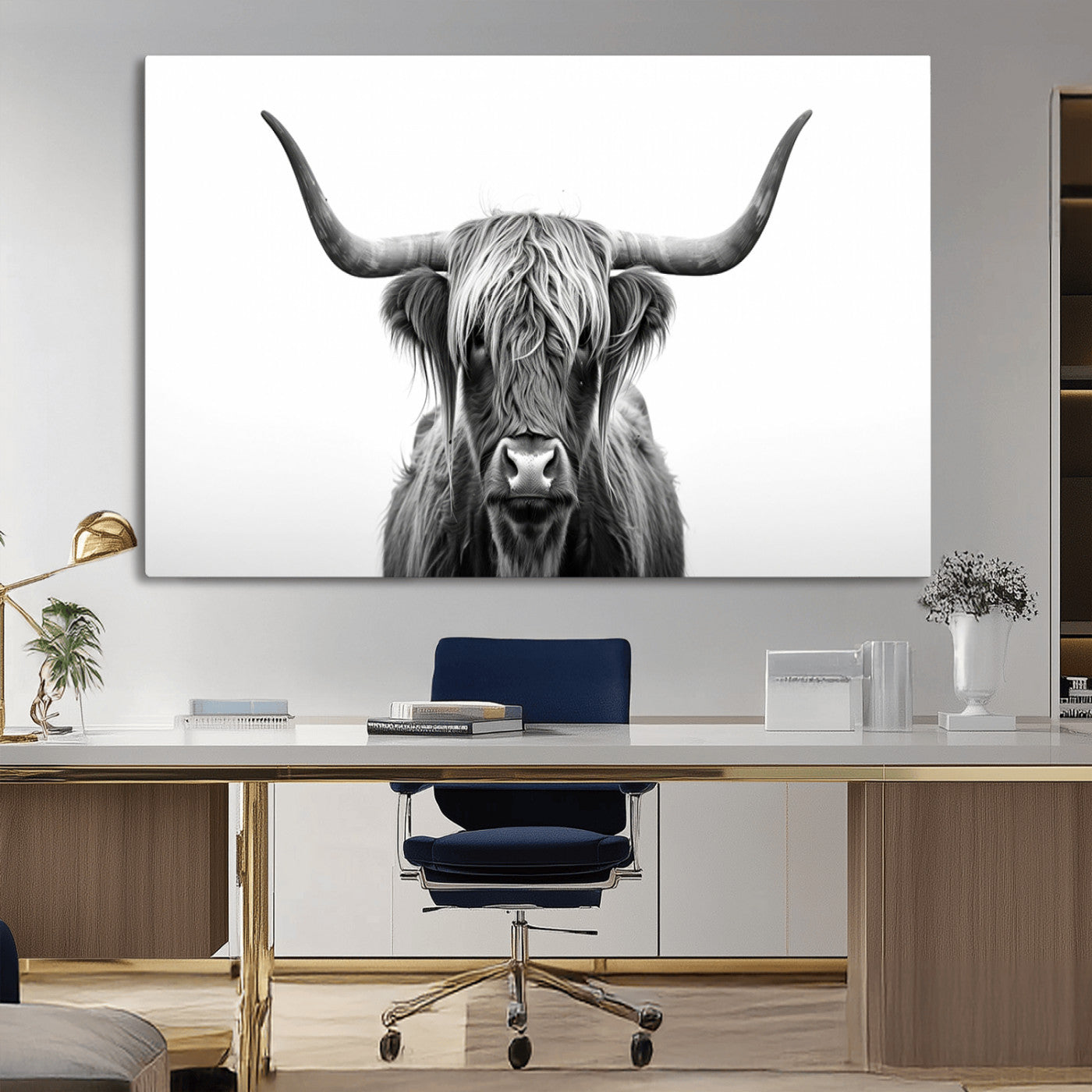 49556-MGV-CV-36X24-Highland Cow Wall Art – Black and White Scottish Highland Cattle Print, Rustic Farmhouse Minimalist Animal Portrait Canvas for