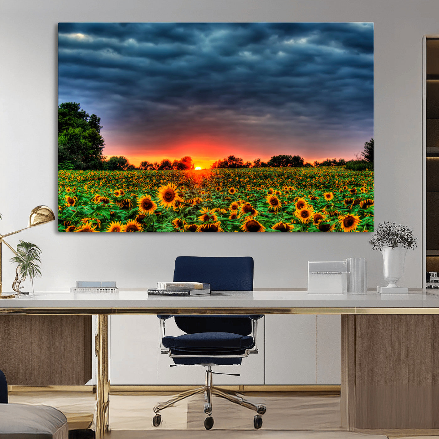 45045-MGV-CV-36X24-Sunflower Field Sunset Wall Art – Dramatic Stormy Sky Landscape Print, Vibrant Yellow Floral Nature Canvas for Living Room,