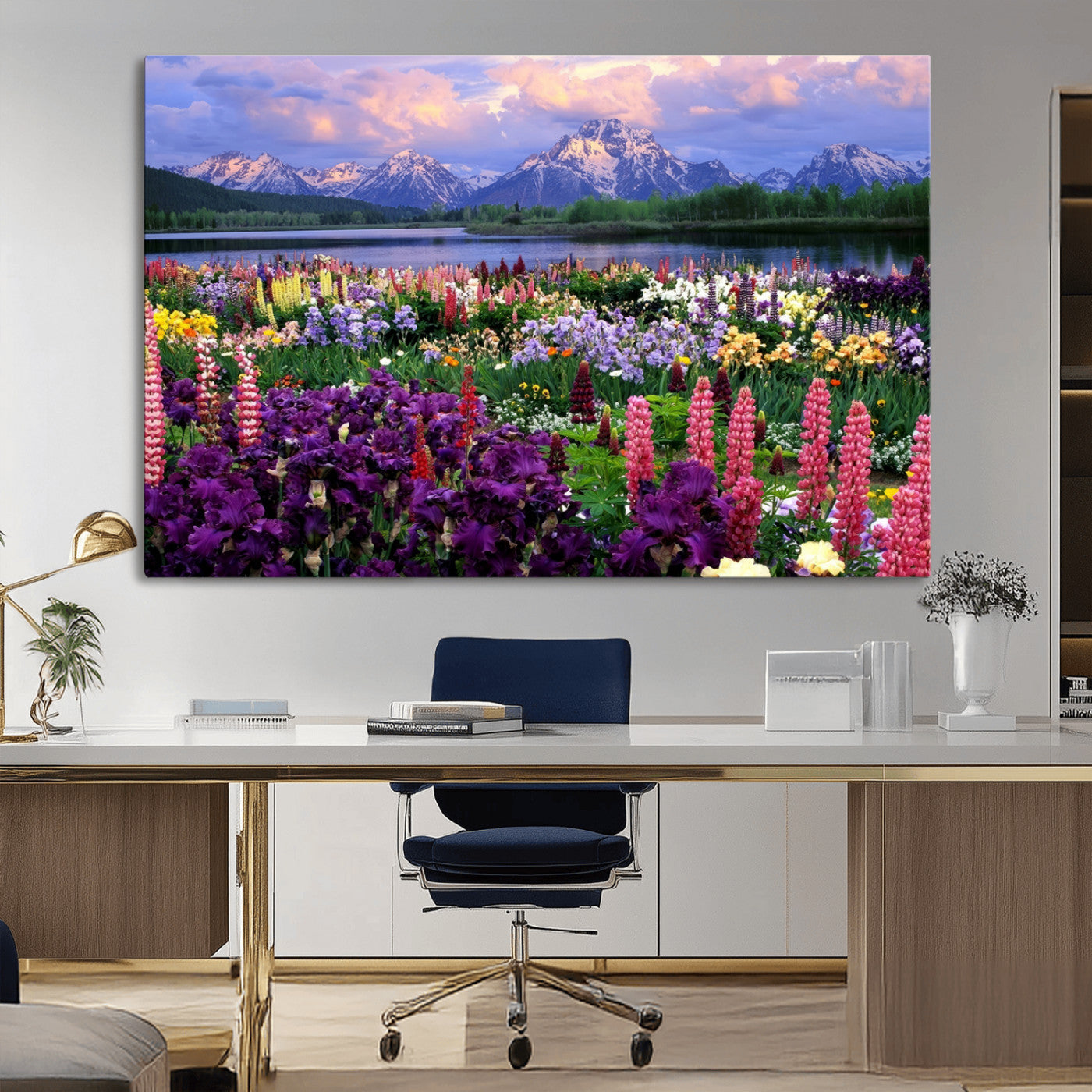 82270-MGV-CV-36X24-Colorful Wildflower Meadow Landscape Wall Art – Snow-Capped Mountain Lake Sunset Print, Vibrant Nature Artwork for Living Room,