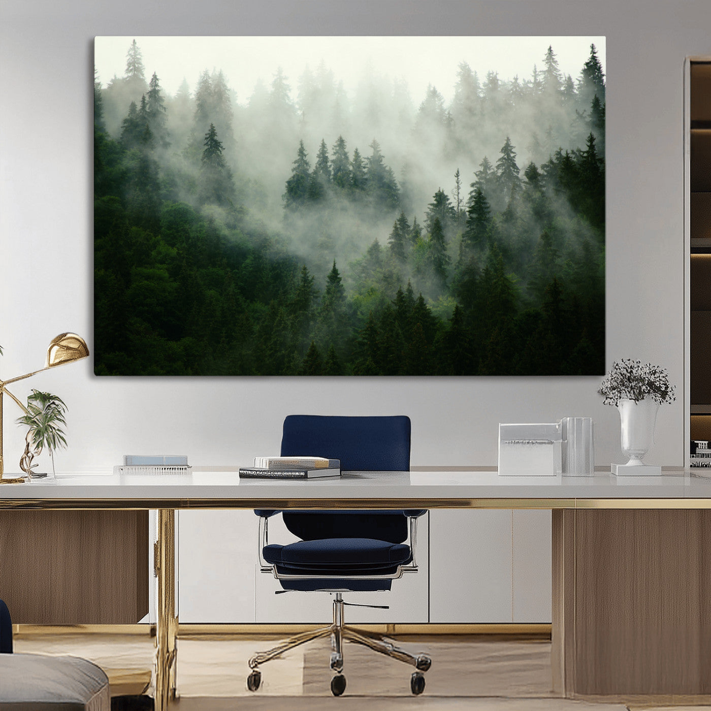 167720496-MGV-CV-36X24-Misty Forest Wall Art – Serene Evergreen Trees Canvas Print, Foggy Mountain Nature Landscape Decor for Bedroom, Living Room or