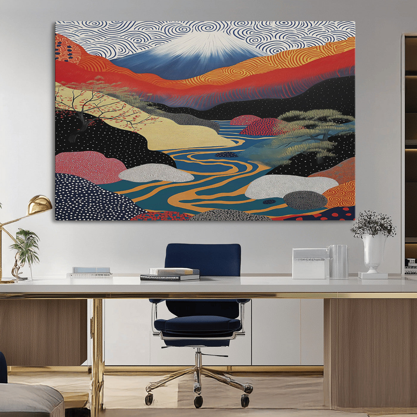 32131-MGV-CV-36X24-Japanese Mount Fuji Wall Art – Abstract Landscape Canvas Print with Swirling Sky & River, Modern Minimalist Asian Inspired Poster