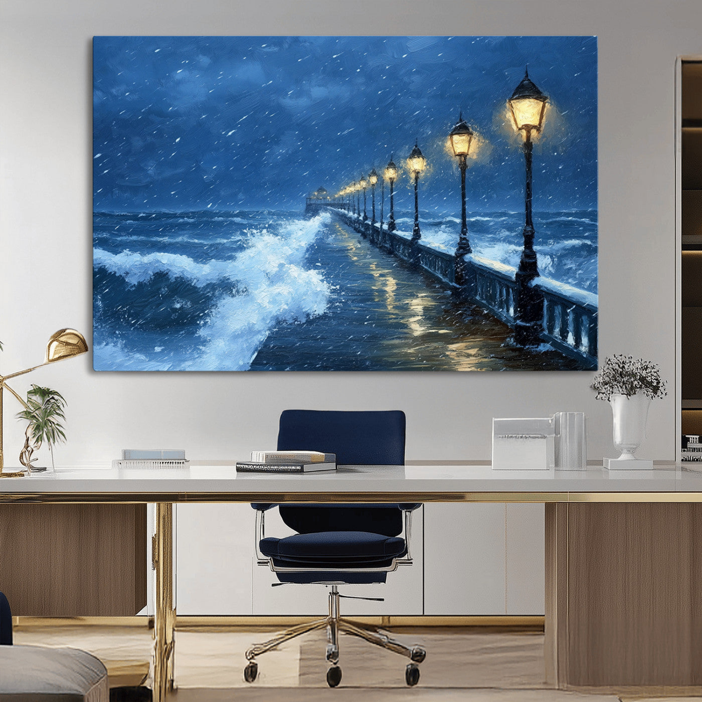 32668-MGV-CV-36X24-Stormy Pier Wall Art – Ocean Waves and Street Lamps Canvas Print, Rainy Night Seascape Oil Painting Poster for Living Room,