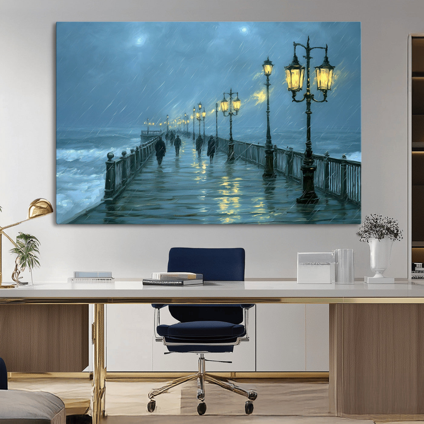 79606-MGV-CV-36X24-Rainy Pier Night Wall Art – Ocean Waves and Street Lamps Canvas Print, Moody Seascape Oil Painting Poster for Living Room,