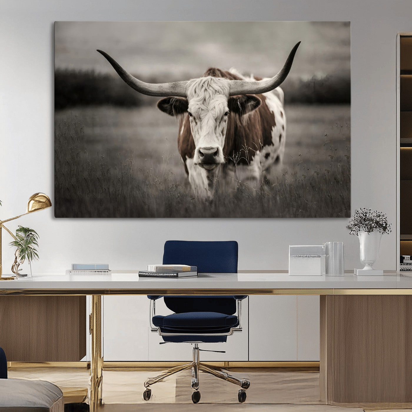 69238-MGV-CV-36X24-Longhorn Bull Wall Art – Rustic Black and White Texas Cattle Canvas Print, Western Farmhouse Animal Photography for Living Room,