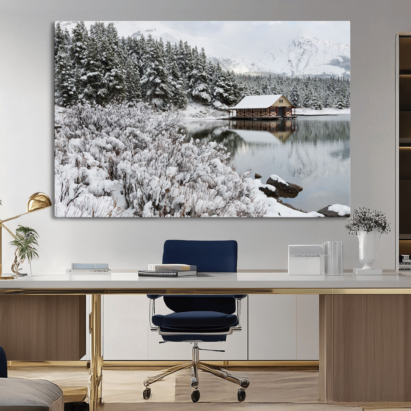 29975-MGV-CV-36X24-Winter Cabin by the Lake Wall Art – Snowy Mountain Landscape Canvas Print, Rustic Lodge Cabin Decor for Cozy Living Room, Bedroom