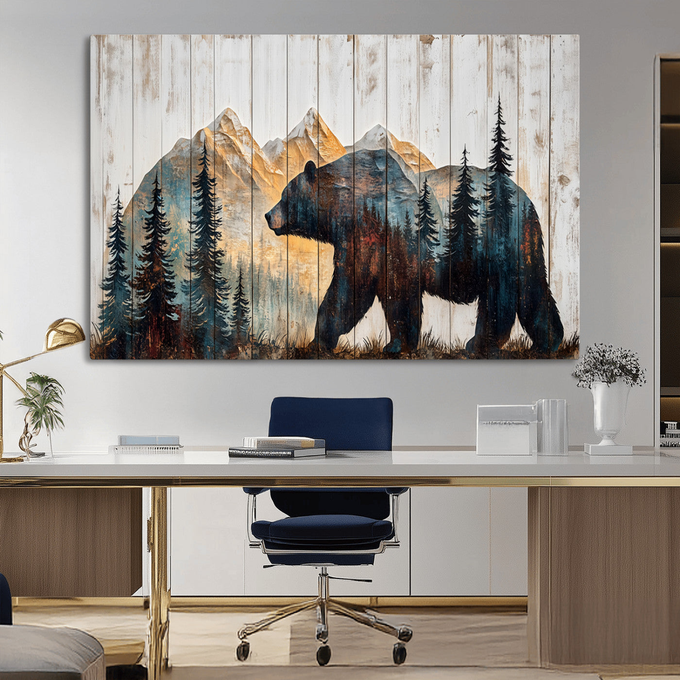 90077-MGV-CV-36X24-Wood Grizzly Bear Wall Art Canvas Print, Framed Abstract Bear Art Picture Print, Bear in Forest Perfect Rustic Lodge Decor Artwork