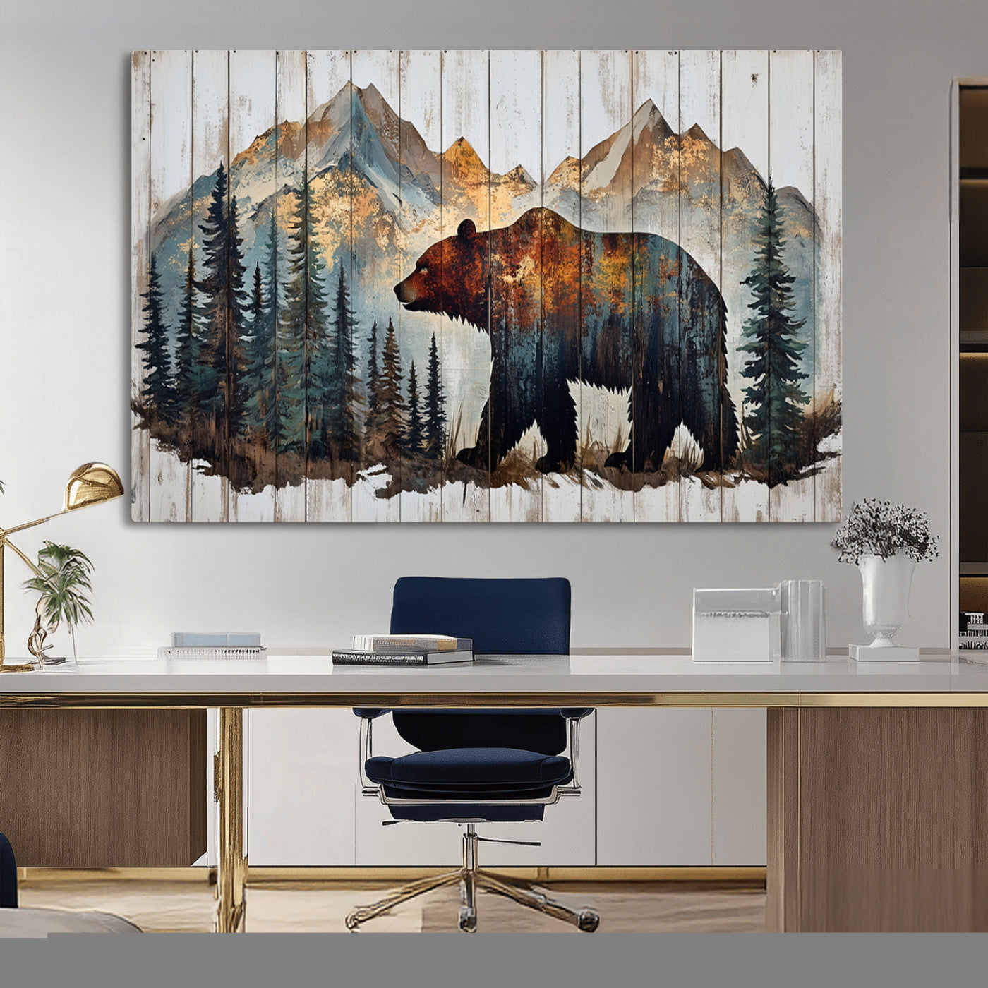 55777-MGV-CV-36X24-Rustic Bear Wall Art Canvas Print, Framed Mountain and Forest Art Picture Print, Wooden Bear Perfect Rustic Lodge Decor Artwork