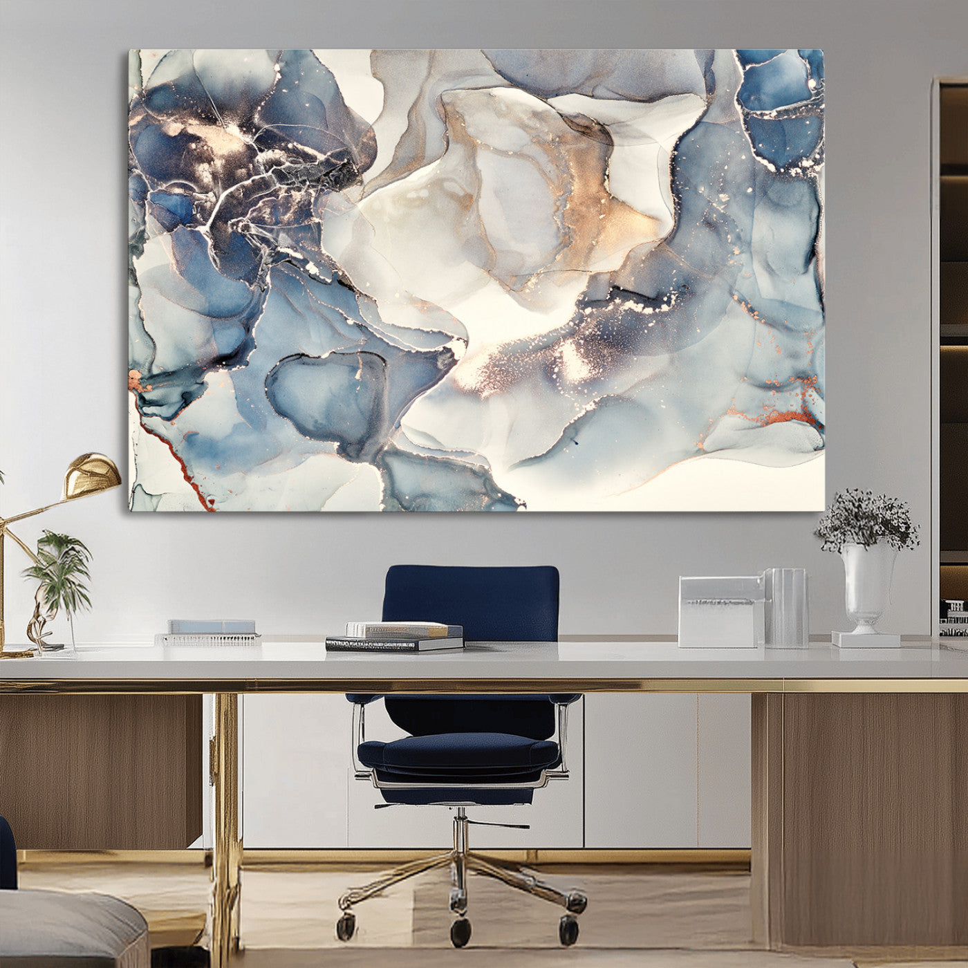 51497-MGV-CV-36X24-Abstract Blue and Gold Wall Art – Modern Fluid Ink Style Canvas Print, Elegant Contemporary Decor for Living Room, Office