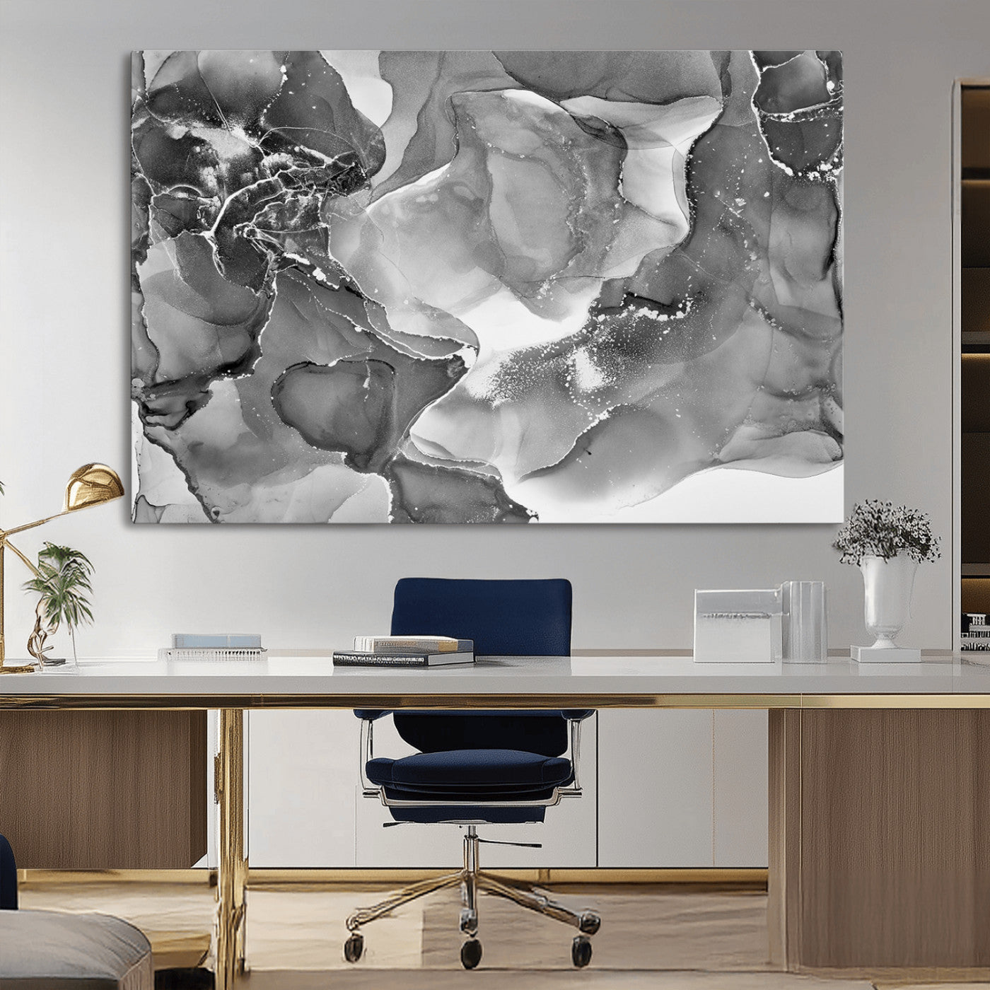 15911-MGV-CV-36X24-Black and White Abstract Wall Art – Modern Ink Swirl Canvas Print, Minimalist Contemporary Painting for Living Room, Bedroom,