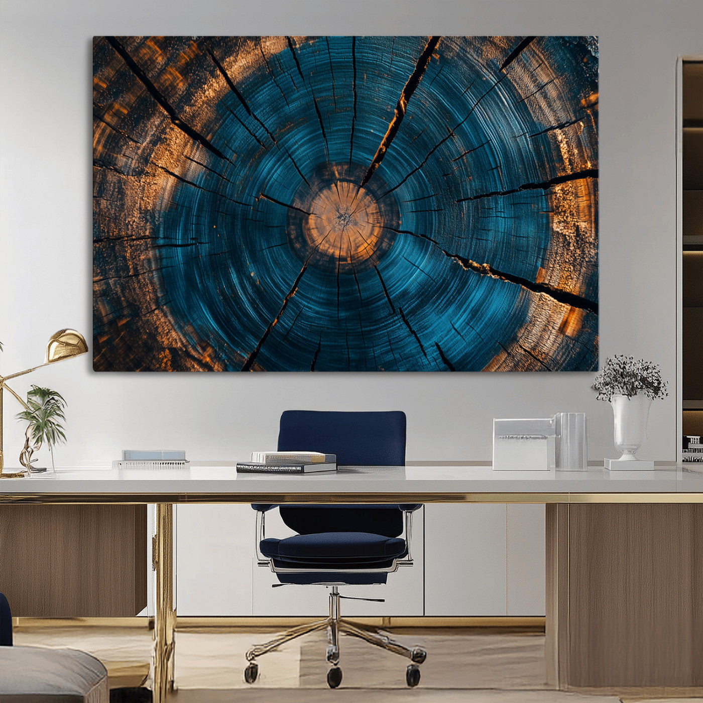13398-MGV-CV-36X24-Tree Ring Wall Art – Abstract Wood Grain Canvas Print with Blue and Orange Accents, Rustic Nature Inspired Artwork for Living