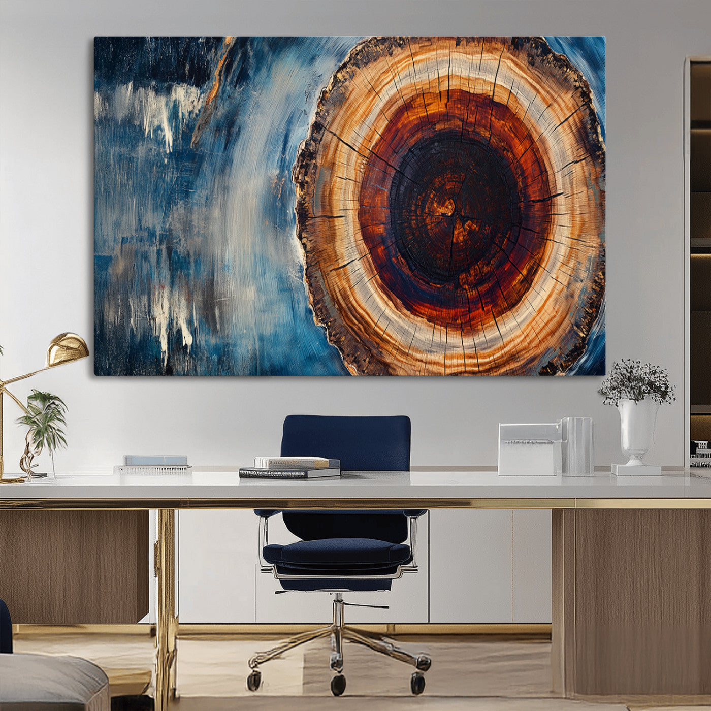 48045-MGV-CV-36X24-Tree Ring Abstract Wall Art – Rustic Wood Grain Canvas Print with Brown Center and Blue Brush Strokes, Nature Inspired Artwork for
