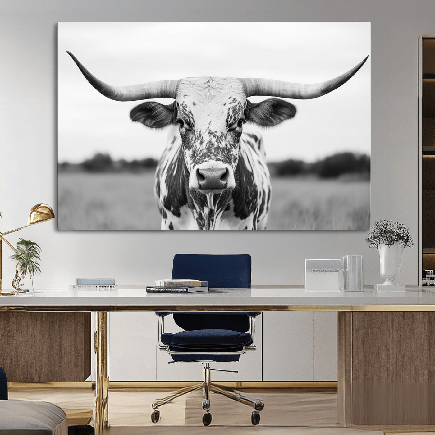 20272-MGV-CV-36X24-Texas Longhorn Wall Art – Black and White Cowboy Western Canvas Print, Rustic Farmhouse Cattle Photography Decor for Ranch, Barn