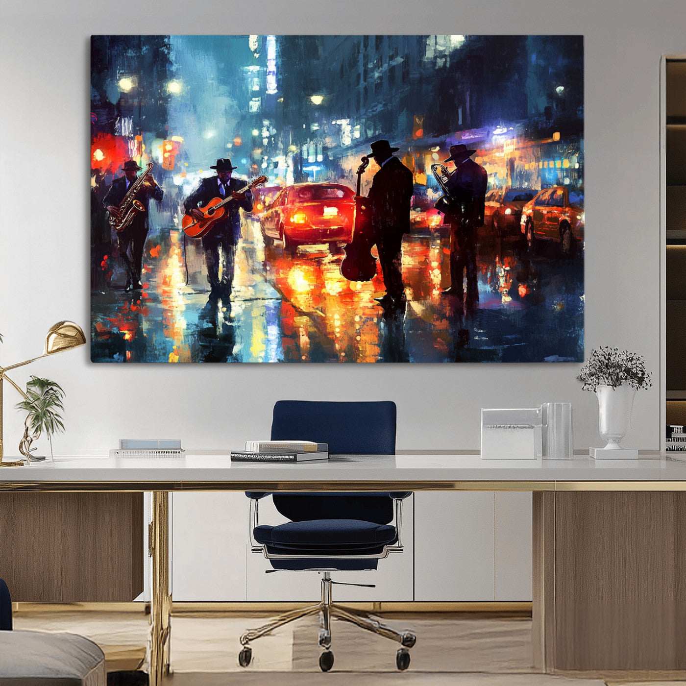 94605-MGV-CV-36X24-City Jazz Night Wall Art – Vibrant Music Canvas Print Featuring Saxophone, Guitar and Bass Players, Urban Street Scene Artwork for