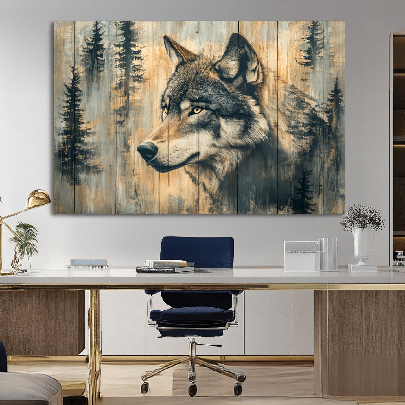 51892-MGV-CV-36X24-Wolf Wall Art – Rustic Canvas Print of Wolf with Forest Trees on Wood Texture, Wildlife Lodge Artwork for Living Room, Bedroom,