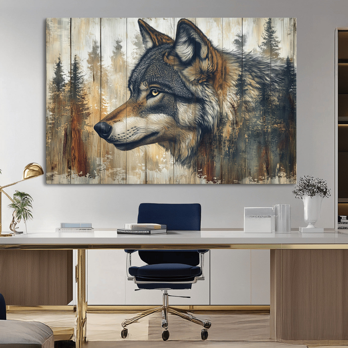91882-MGV-CV-36X24-Wolf Wall Art – Rustic Canvas Print of Forest Wolf on Wood Background, Wildlife Lodge Artwork for Living Room, Bedroom, Cabin, or