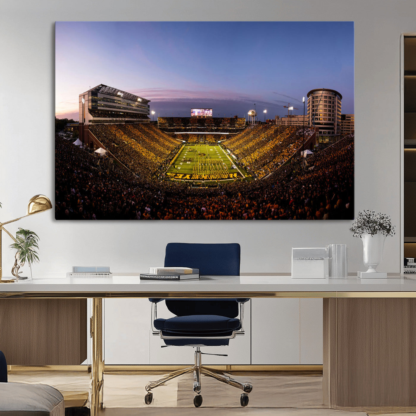 82557-MGV-CV-36X24-College Football Stadium Wall Art – Panoramic Sunset Canvas Print with Marching Band and Game Day Crowd, Sports Artwork for Man
