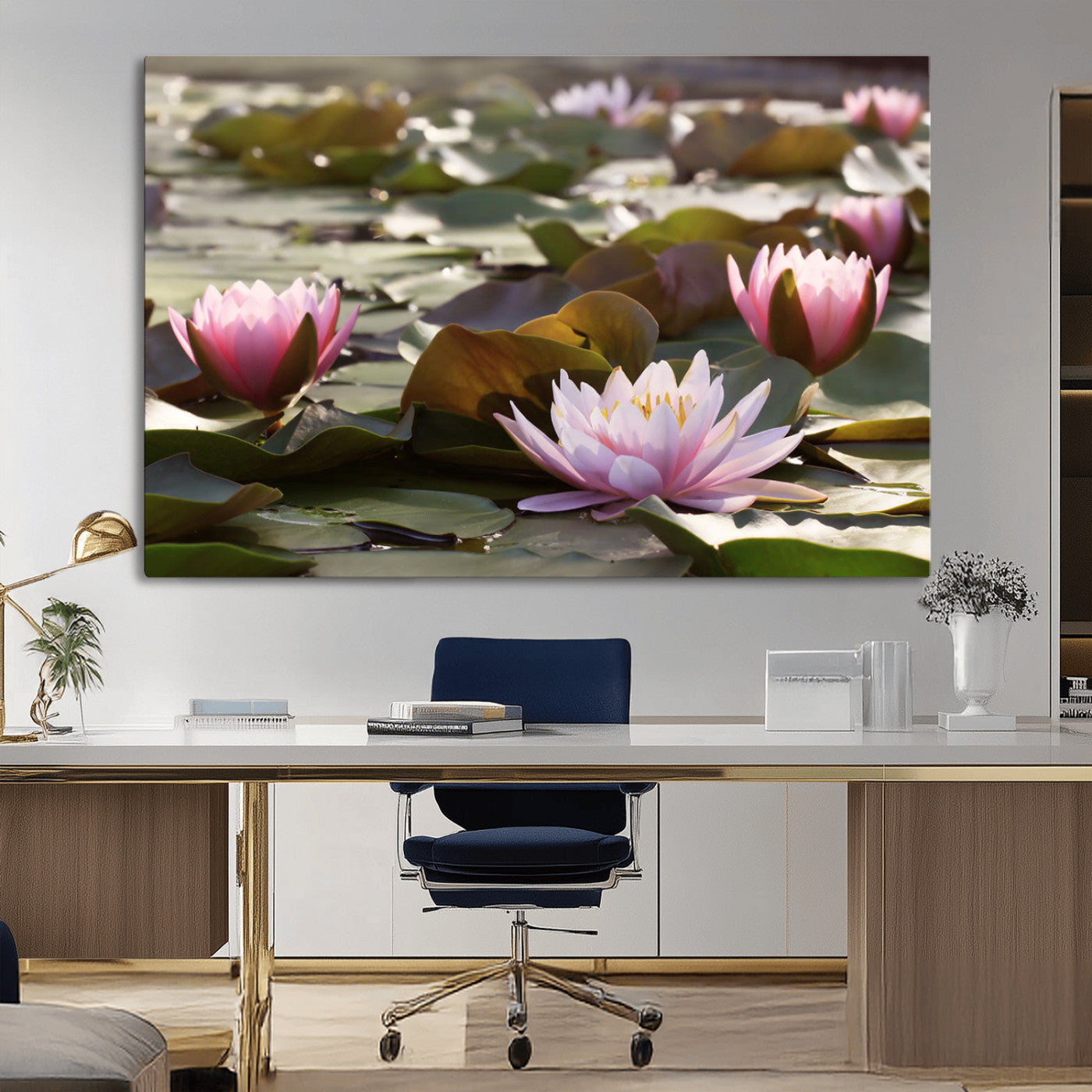 28394-MGV-CV-36X24-Water Lily Pond Wall Art – Pink Lotus Flowers Canvas Print with Green Lily Pads, Peaceful Botanical Artwork for Living Room,