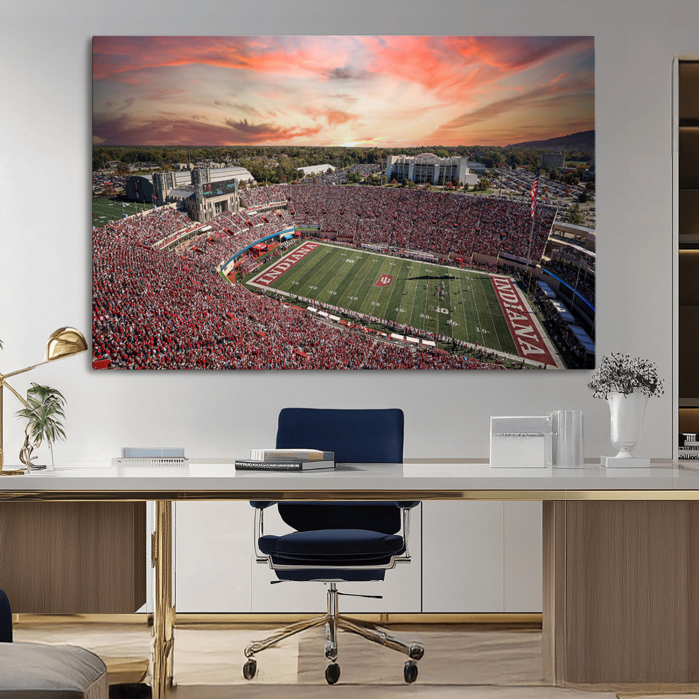 51135-MGV-CV-36X24-Indiana Hoosiers Stadium Wall Art – Panoramic Football Canvas Print with Game Day Crowd and Sunset Sky, Sports Artwork for Man
