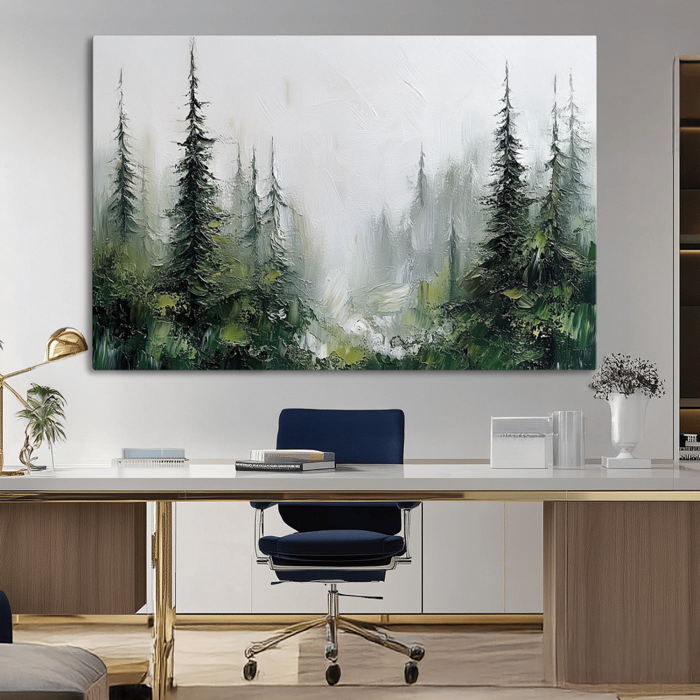 76014-MGV-CV-36X24-Forest Wall Art – Textured Canvas Print Featuring Misty Evergreen Pines and Woodland Landscape, Rustic Nature Artwork for Living