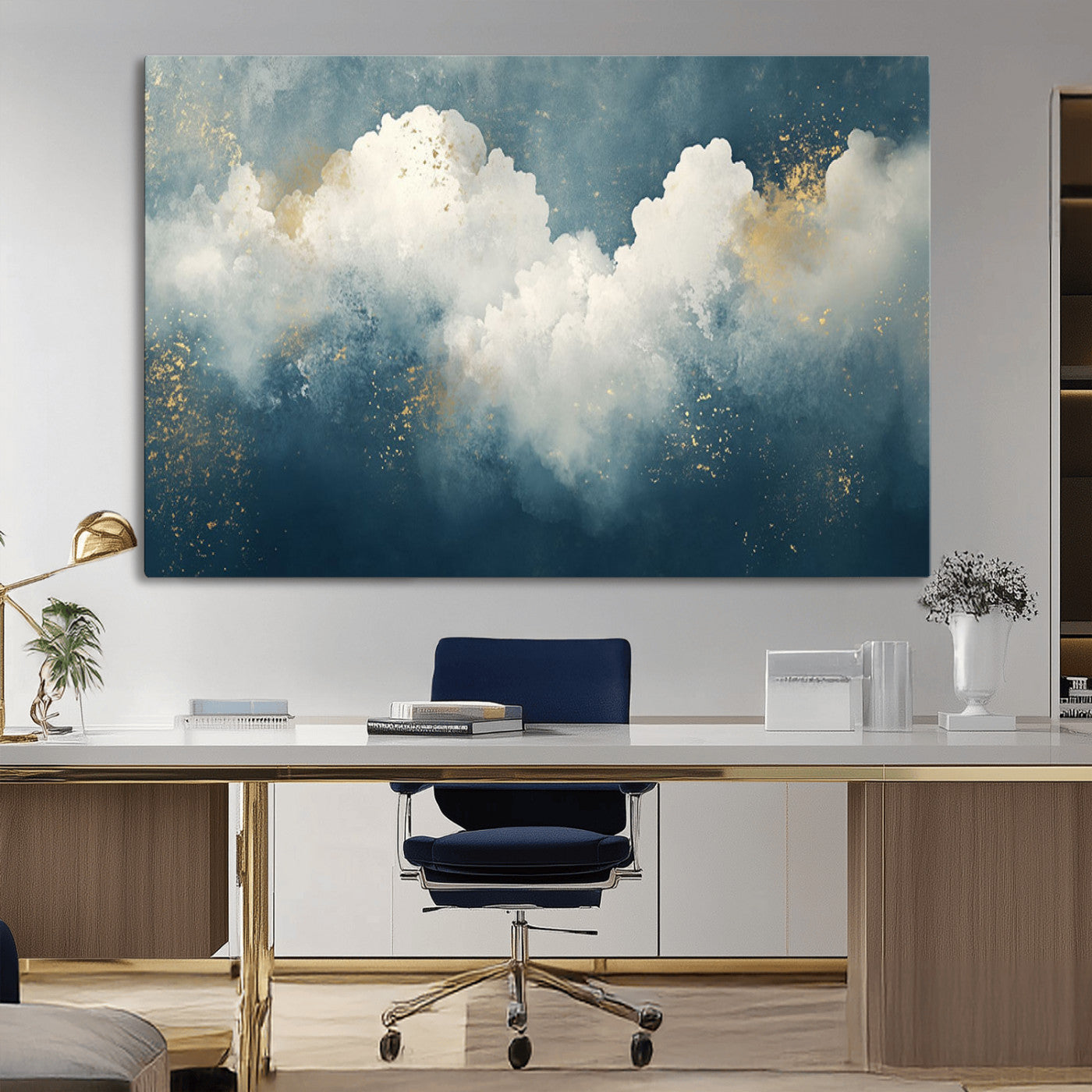 75131-MGV-CV-36X24-Abstract Cloud Wall Art – Modern Canvas Print Featuring Blue and White Clouds with Golden Accents, Contemporary Artwork for Living