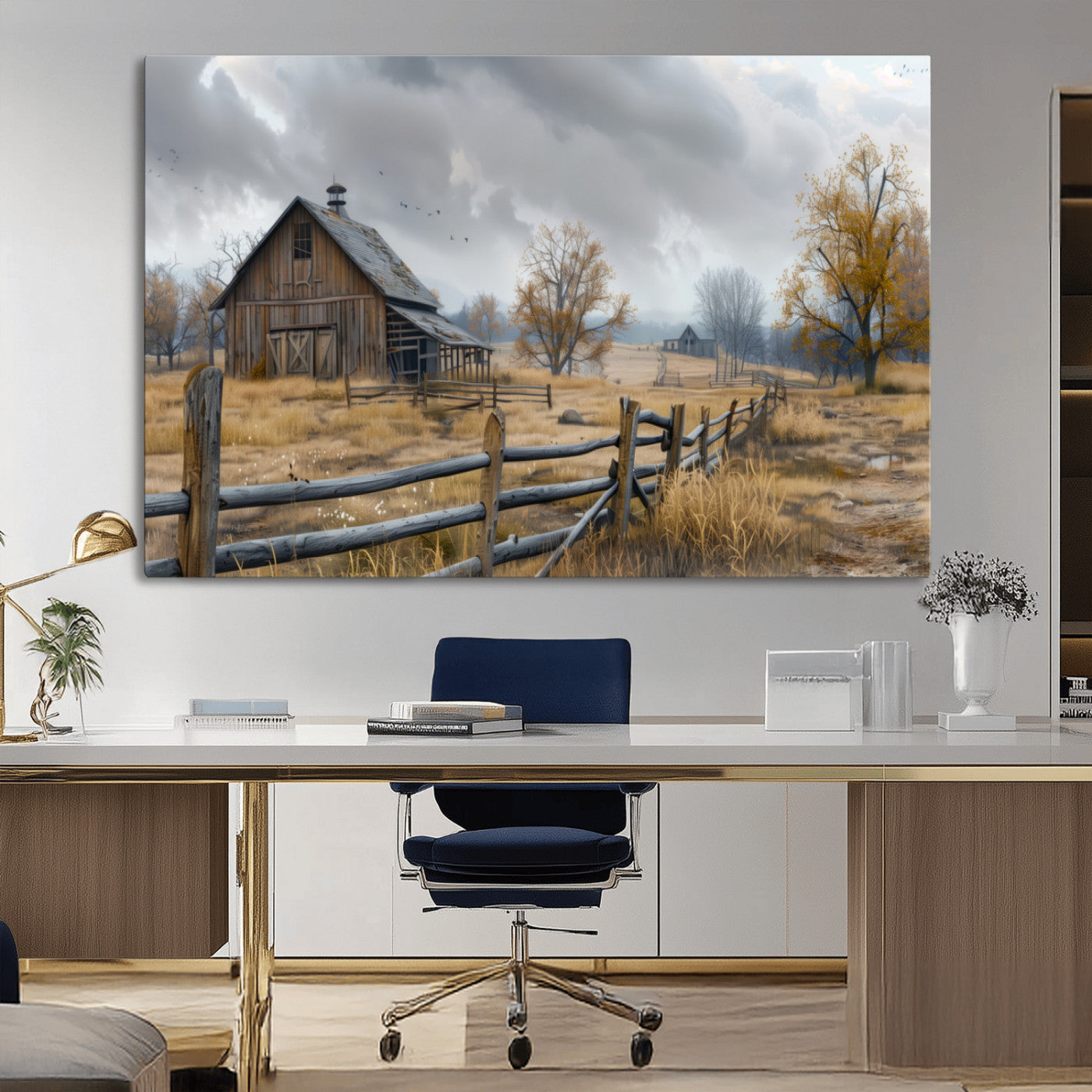 Farm1-MGV-CV-36X24-Rustic Autumn Farmhouse Wall Art – Serene Countryside Scene Canvas Print, Weathered Barn and Autumn Trees Decor for Living Room,