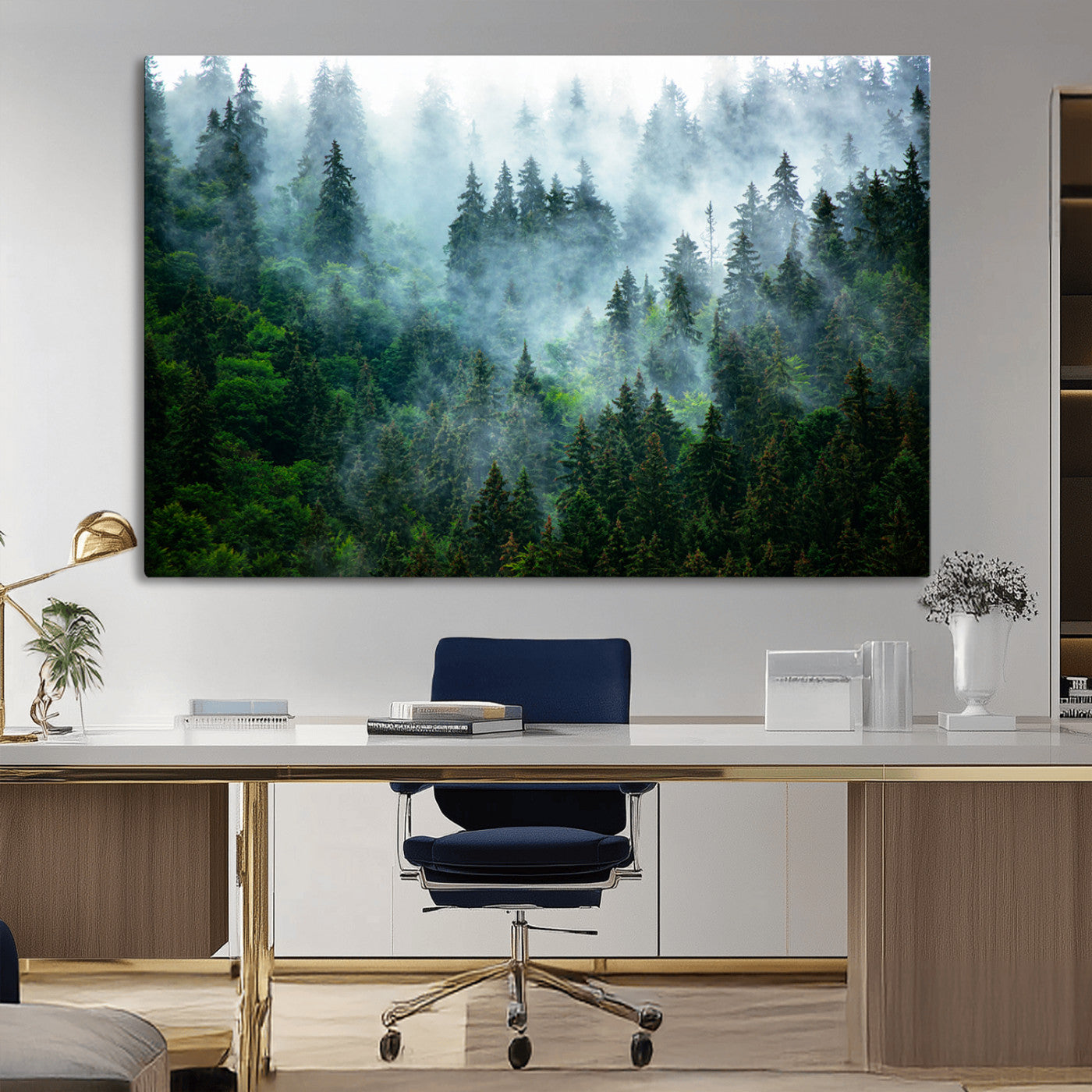 17393683-MGV-CV-36X24-Misty Forest Art Wall Art Canvas Print, Framed Foggy Mountain Art Art Picture Print, Scenic Wall Print Perfect Decor Artwork