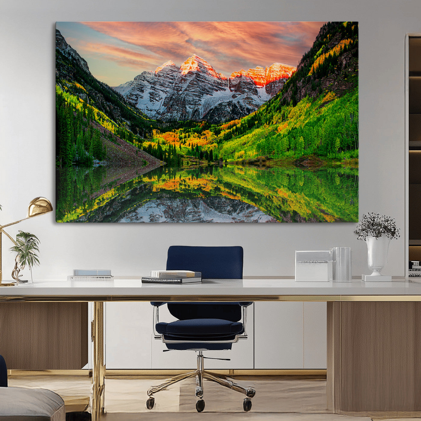 59533484-MGV-CV-36X24-Maroon Bells Autumn Wall Art – Panoramic Mountain Landscape Canvas Print, Sunset Reflection Nature Artwork for Living Room, Office
