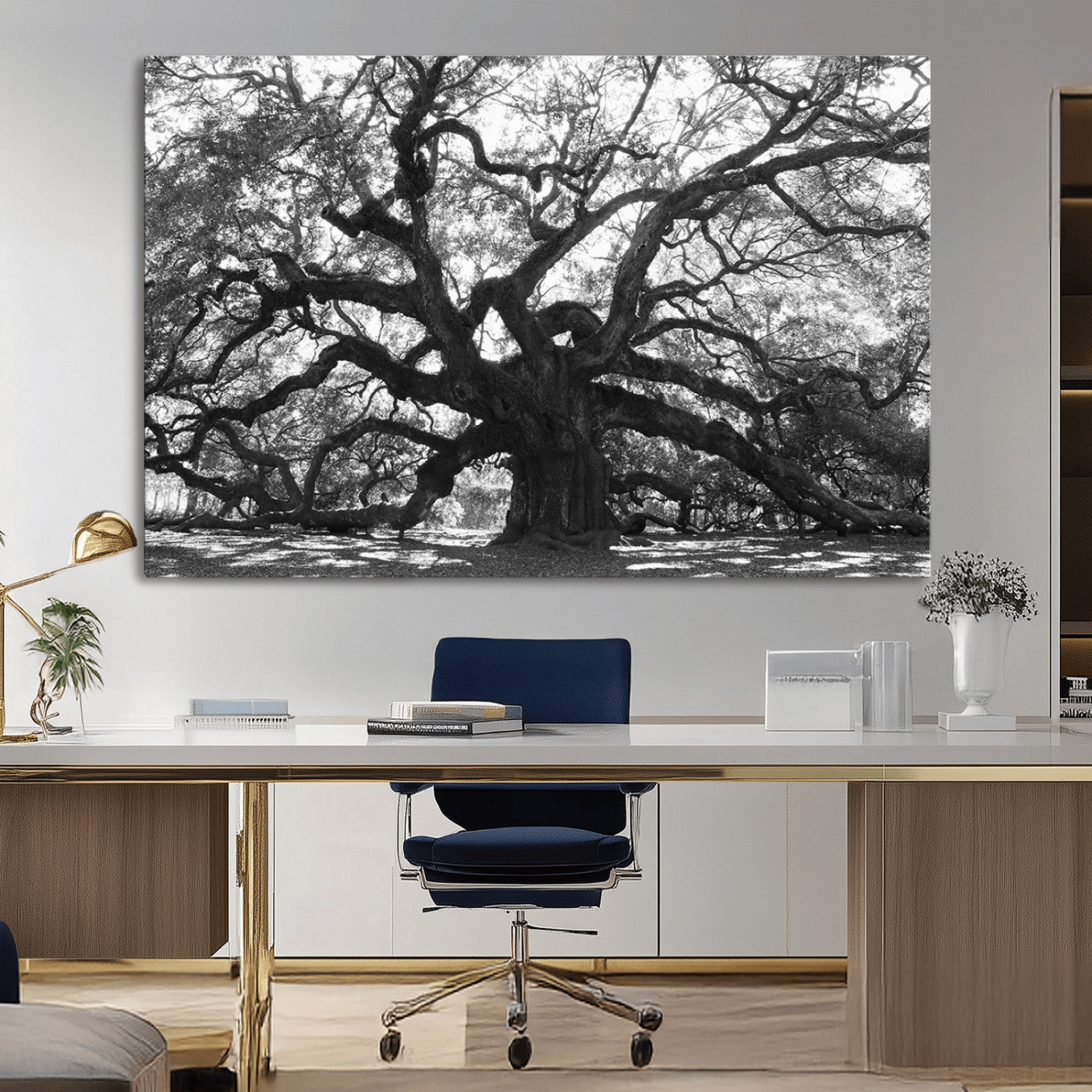 81655611-MGV-CV-36X24-Ancient Oak Wall Art Canvas Print, Framed Twisted Branches Art Picture Print, Gnarled Tree Perfect Moody Nature Decor Artwork