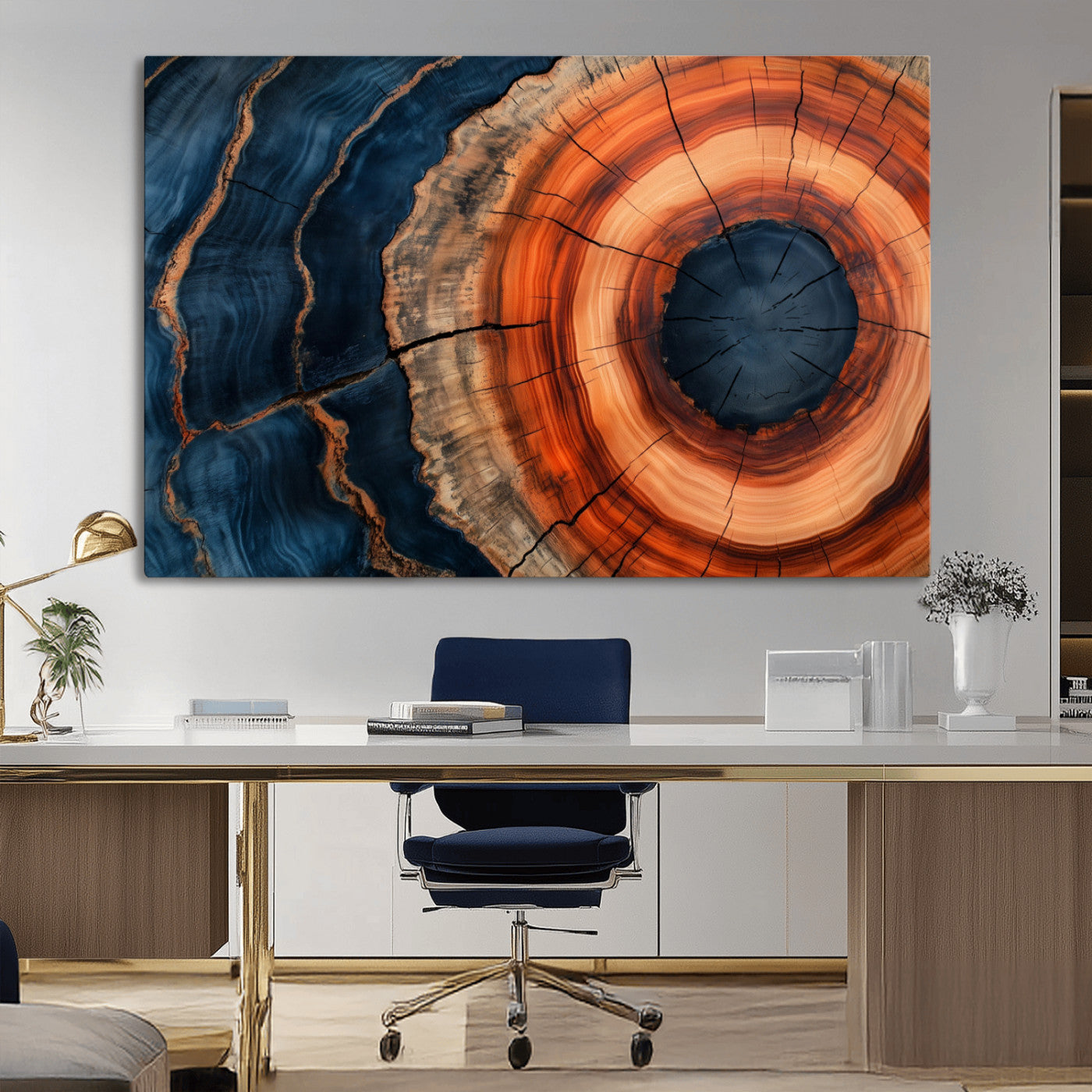 41123192-MGV-CV-36X24-Tree Ring Canvas Wall Art – Abstract Blue Orange Wood Grain Print, Rustic Modern Nature Artwork for Living Room, Bedroom, Office