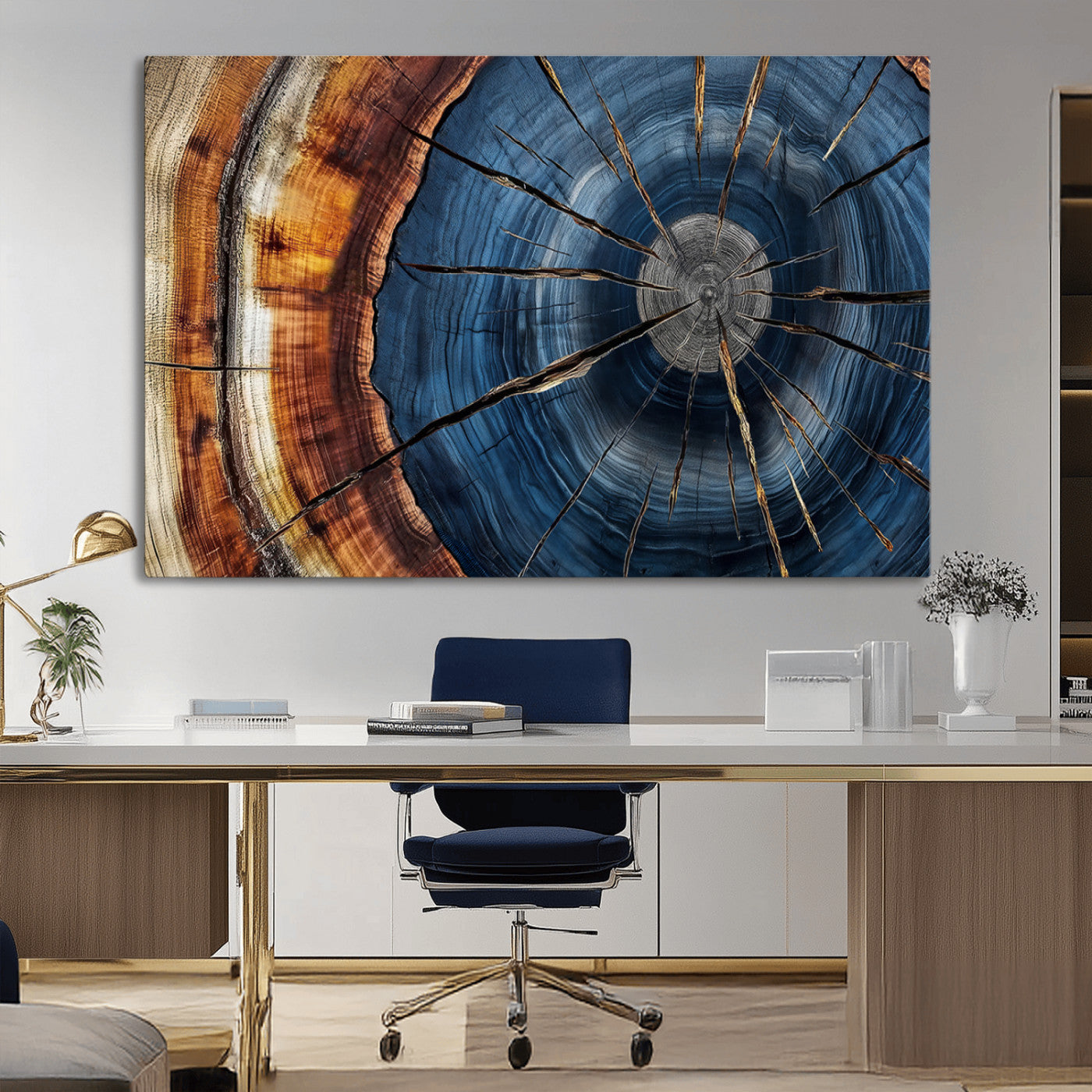 45268471-MGV-CV-36X24-Blue Tree Ring Wall Art – Rustic Wood Cross Section Canvas Print, Modern Abstract Nature Decor for Living Room, Office, or Cabin