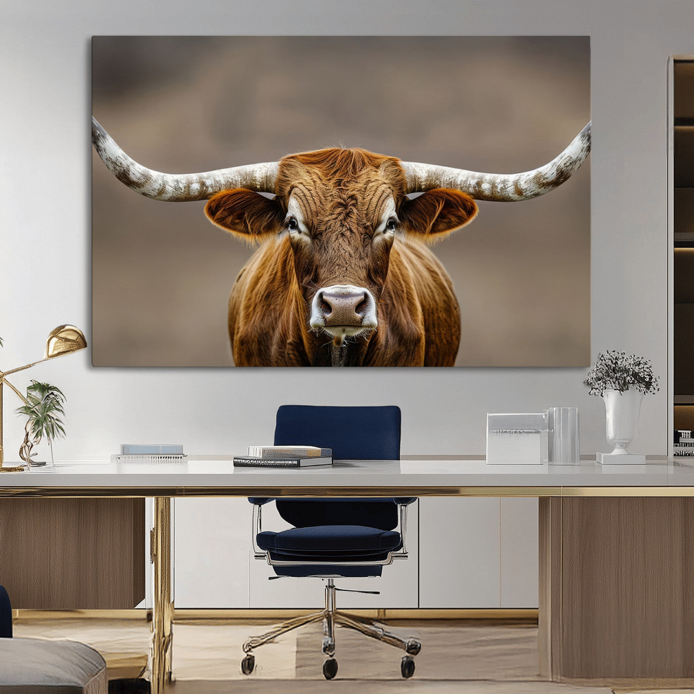 12179171-MGV-CV-36X24-Texas Longhorn Wall Art Canvas Print, Framed Brown Bull Art Picture Print, Lone Cattle Perfect Rustic Western Decor Artwork