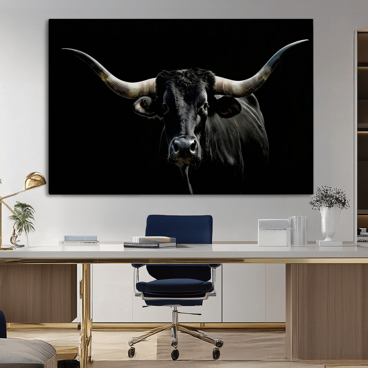 37531960-MGV-CV-36X24-Black Longhorn Bull Wall Art – Dramatic Western Cattle Canvas Print, Rustic Farmhouse Animal Artwork for Living Room, Bedroom,