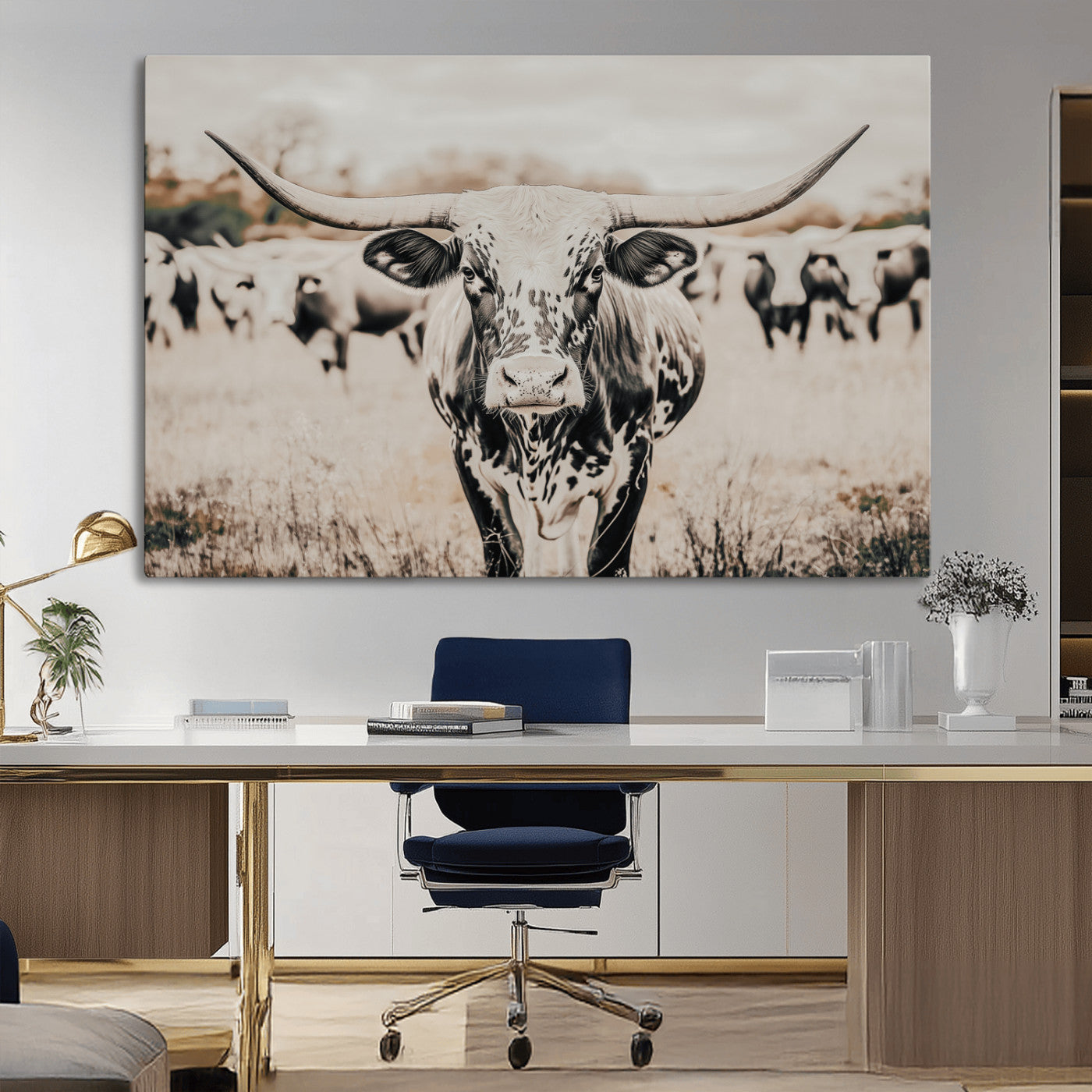 27497342-MGV-CV-36X24-Texas Longhorn Wall Art Canvas Print, Framed Speckled Cow Art Picture Print, Horned Cattle Perfect Rustic Western Decor Artwork