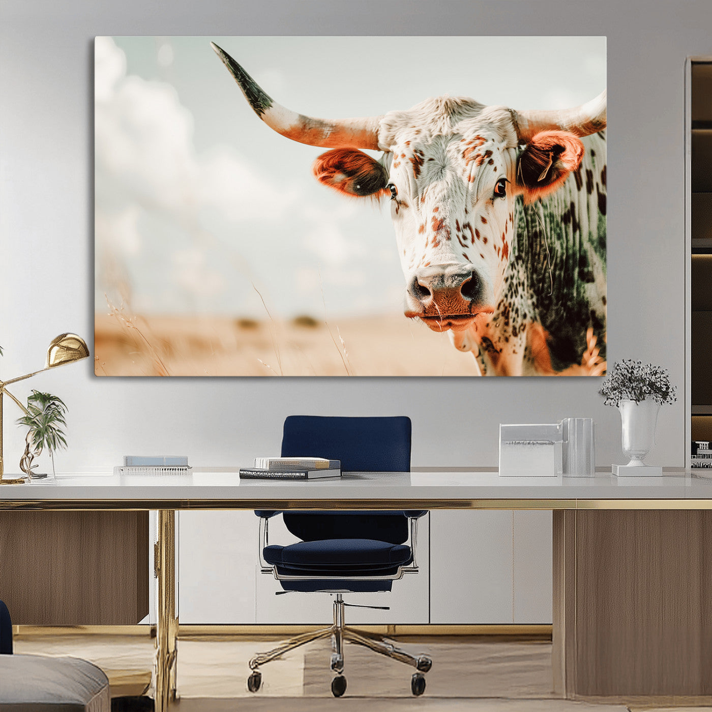 72766375-MGV-CV-36X24-Texas Longhorn Wall Art Canvas Print, Framed Spotted Cow Art Picture Print, Horned Cattle Perfect Rustic Western Decor Artwork