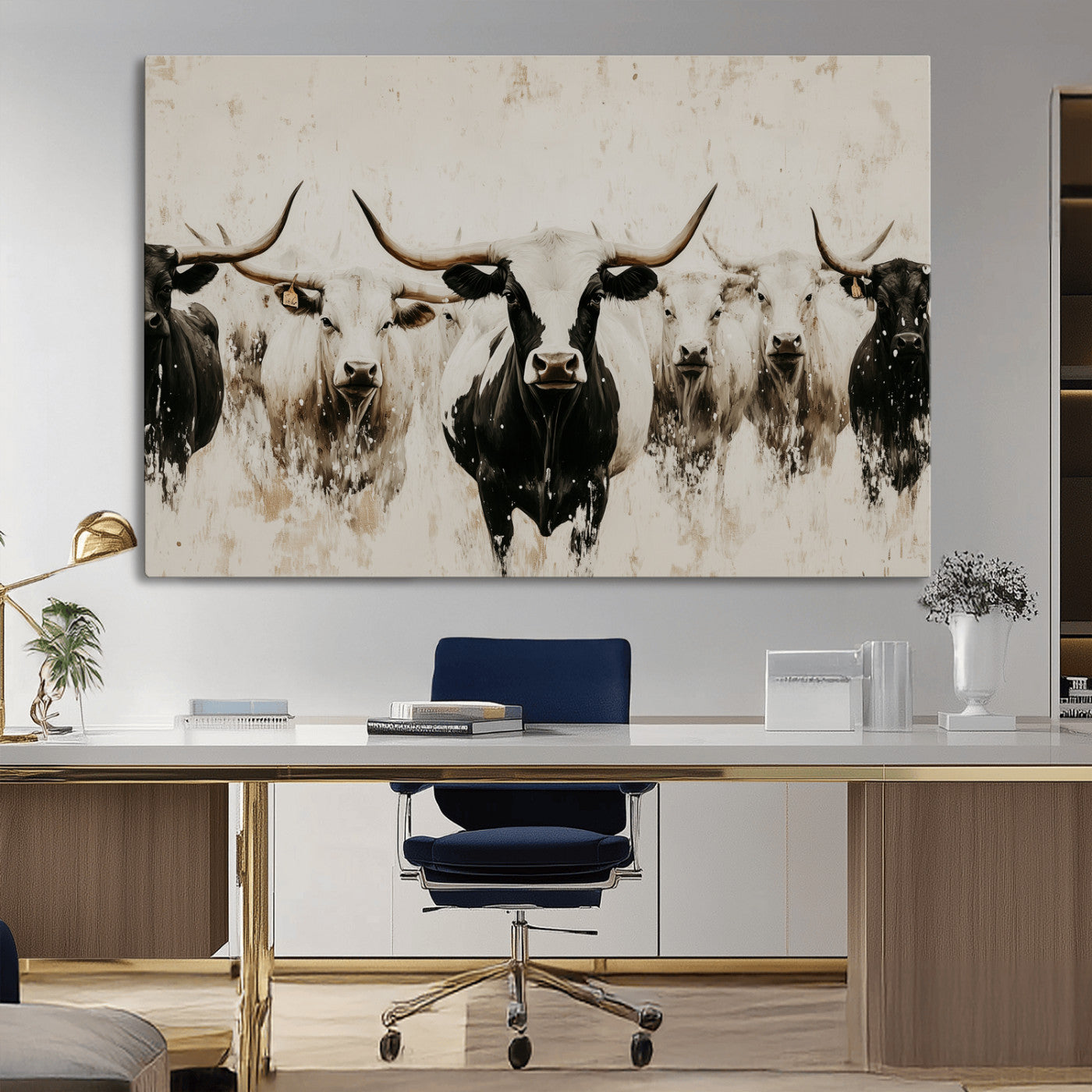 12027562-MGV-CV-36X24-Longhorn Cattle Wall Art Canvas Print, Framed Bison Herd Art Picture Print, Cattle Group Perfect Rustic Farmhouse Decor Artwork