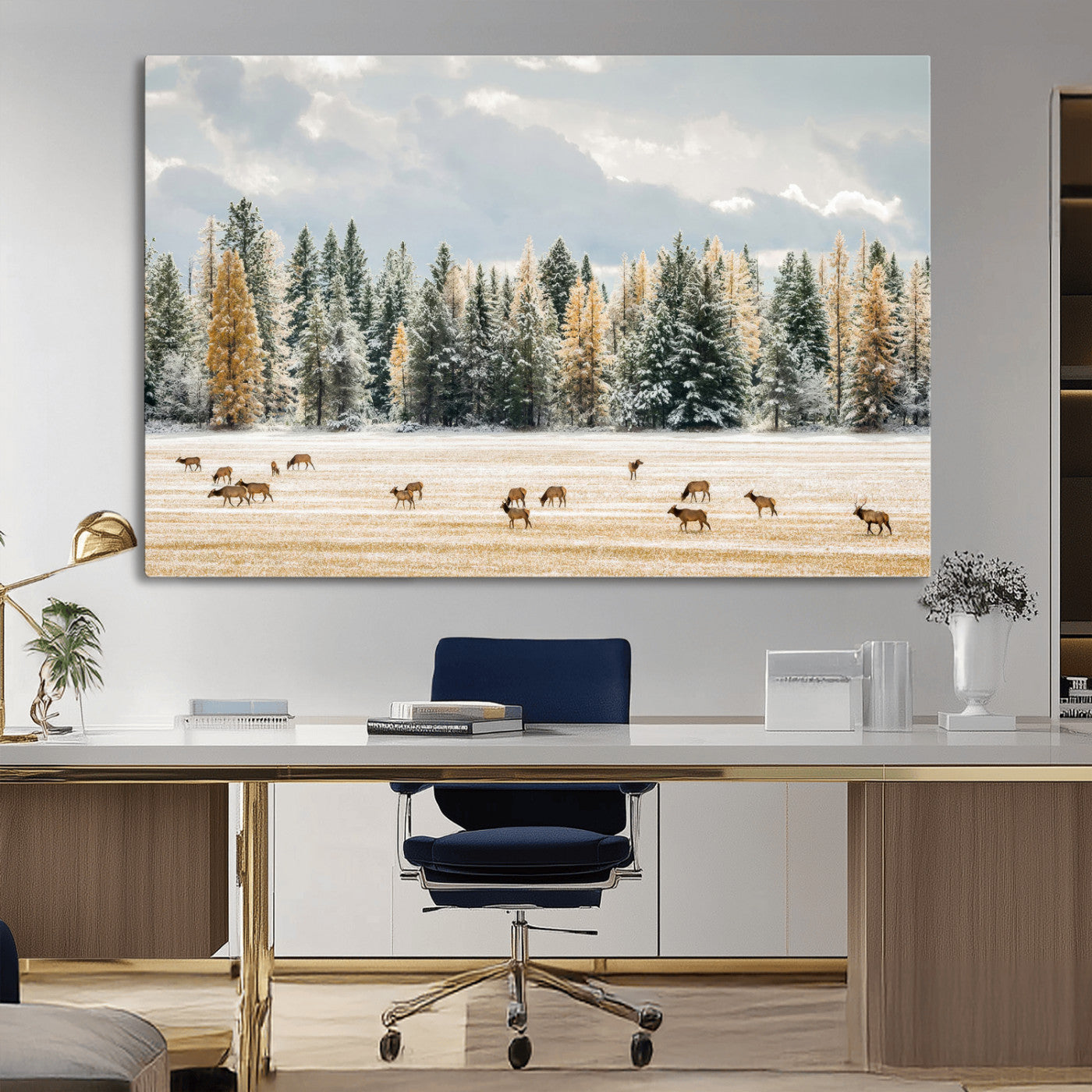 64188182-MGV-CV-36X24-Elk Herd Wall Art Canvas Print, Framed Snowy Forest Art Picture Print, Forest Elks Perfect Neutral Rustic Decor Artwork