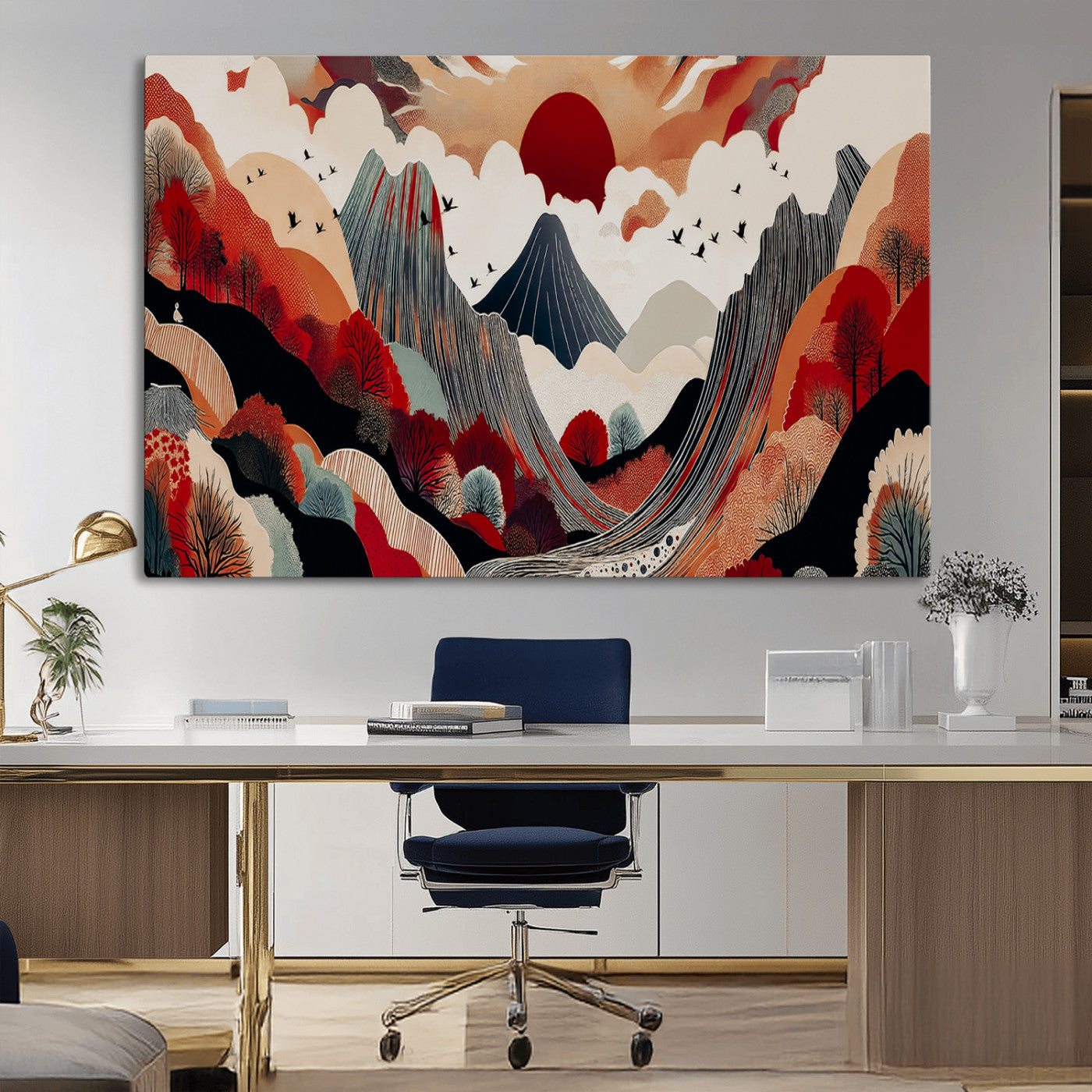 59495752-MGV-CV-36X24-Abstract Mountain Wall Art Canvas Print, Framed Vibrant Landscape Art Picture Print, Nature Drawing Perfect Contemporary