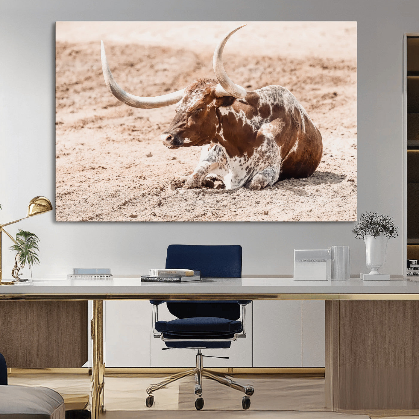 91248682-MGV-CV-36X24-Texas Longhorn Wall Art Canvas Print, Framed Resting Bull Art Picture Print, Spotted Cattle Perfect Rustic Western Decor Artwork